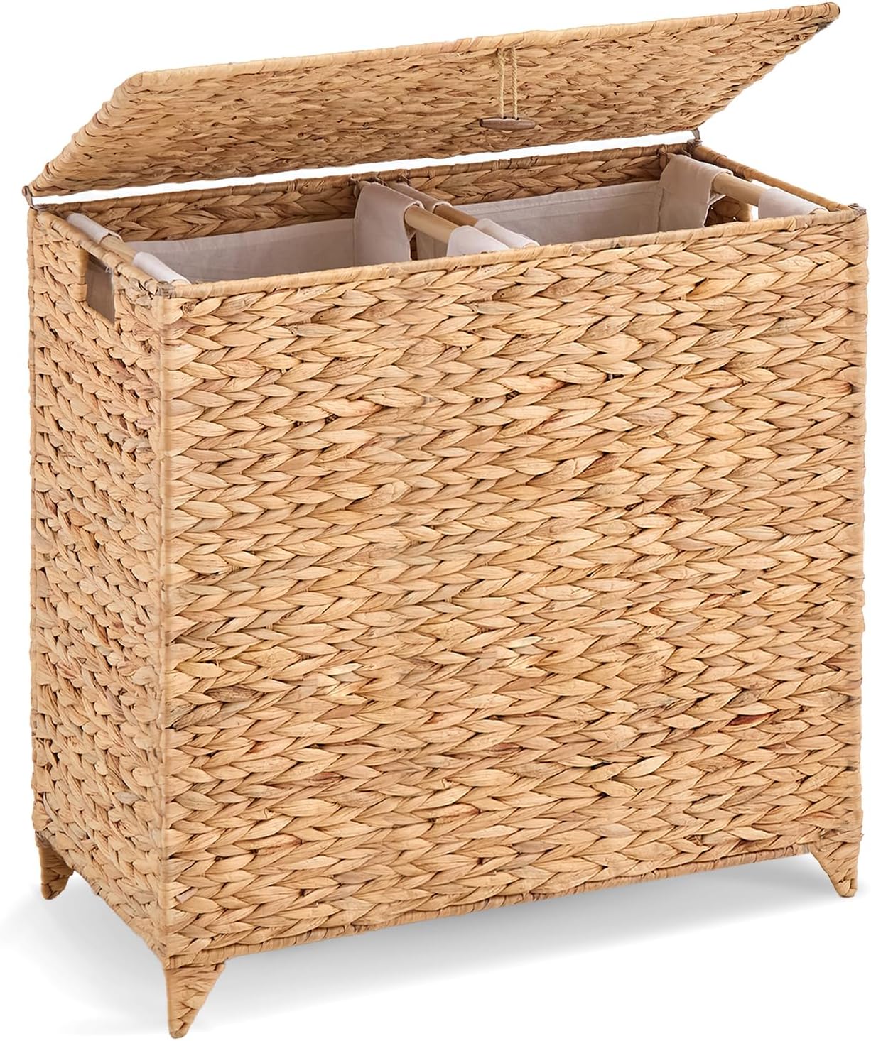 Handwoven Large Laundry Hamper with Lid and 2 Removable Liner Bags, Heightened Feet Natural Hyacinth Clothes Hamper,Wicker Laundry Basket for Clothes and Towels