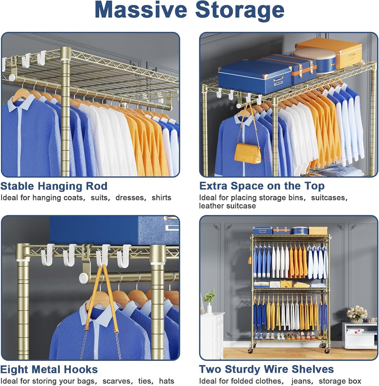 P8 Heavy Duty Clothes Rack（With Extended Width Design） Rolling Clothing Racks for Hanging Clothes，Portable Garment Rack with Lockable Wheels，51.2" W x 15.8" D x 80.5" H，Max Load 700LBS，Gold