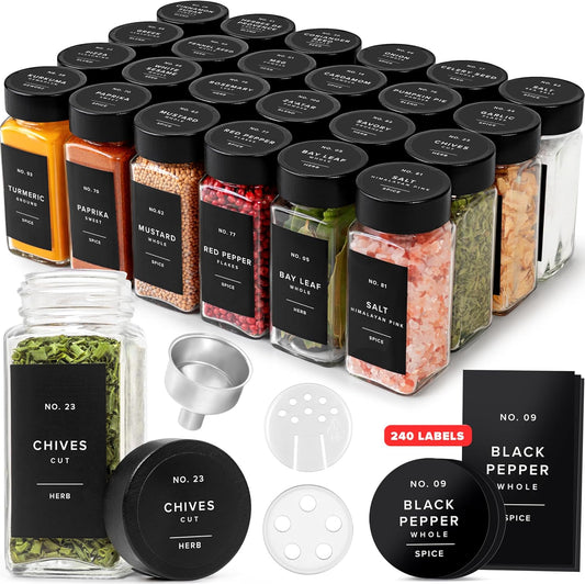 Square Spice Jars with Black Bamboo Wooden Lid (Pack of 24) Spice Jars with Shaker Insert and 240 Labels - Bamboo Lid Glass Container for Spice Organisation [4.3 in × 1.8 in]
