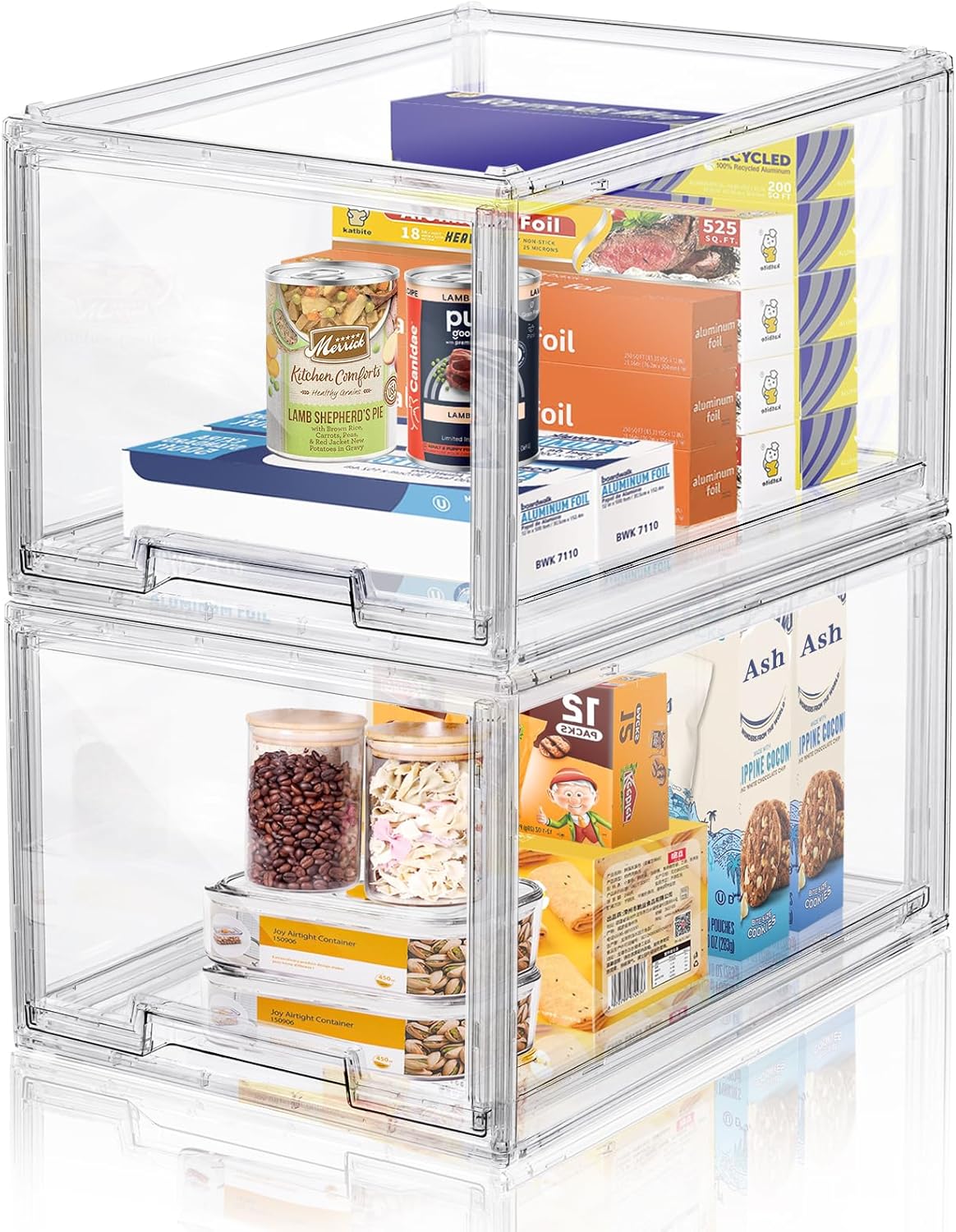 DILIBRA 2 Packs Plastic Stackable Storage Organizer Bins with Pull Out Drawer, Large Clear Acrylic Storage Drawers Container Boxes for Fridge Pantry Shelf Clost Refrigerator Organization and Storage