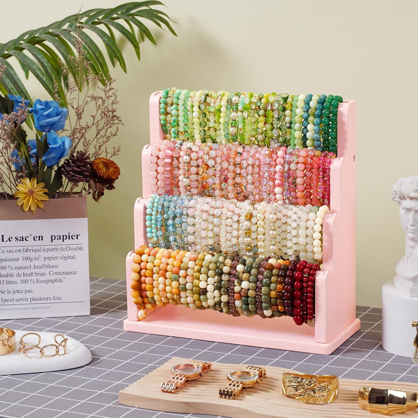 Emfogo Bracelet Holder, 4 Tier Bracelet Organizer Storage for Bracelets Bangles Watch Scrunchies, Rustic Wood Jewelry Organizer Display for Home, Vendors, Craft Shows and Store(Pink)