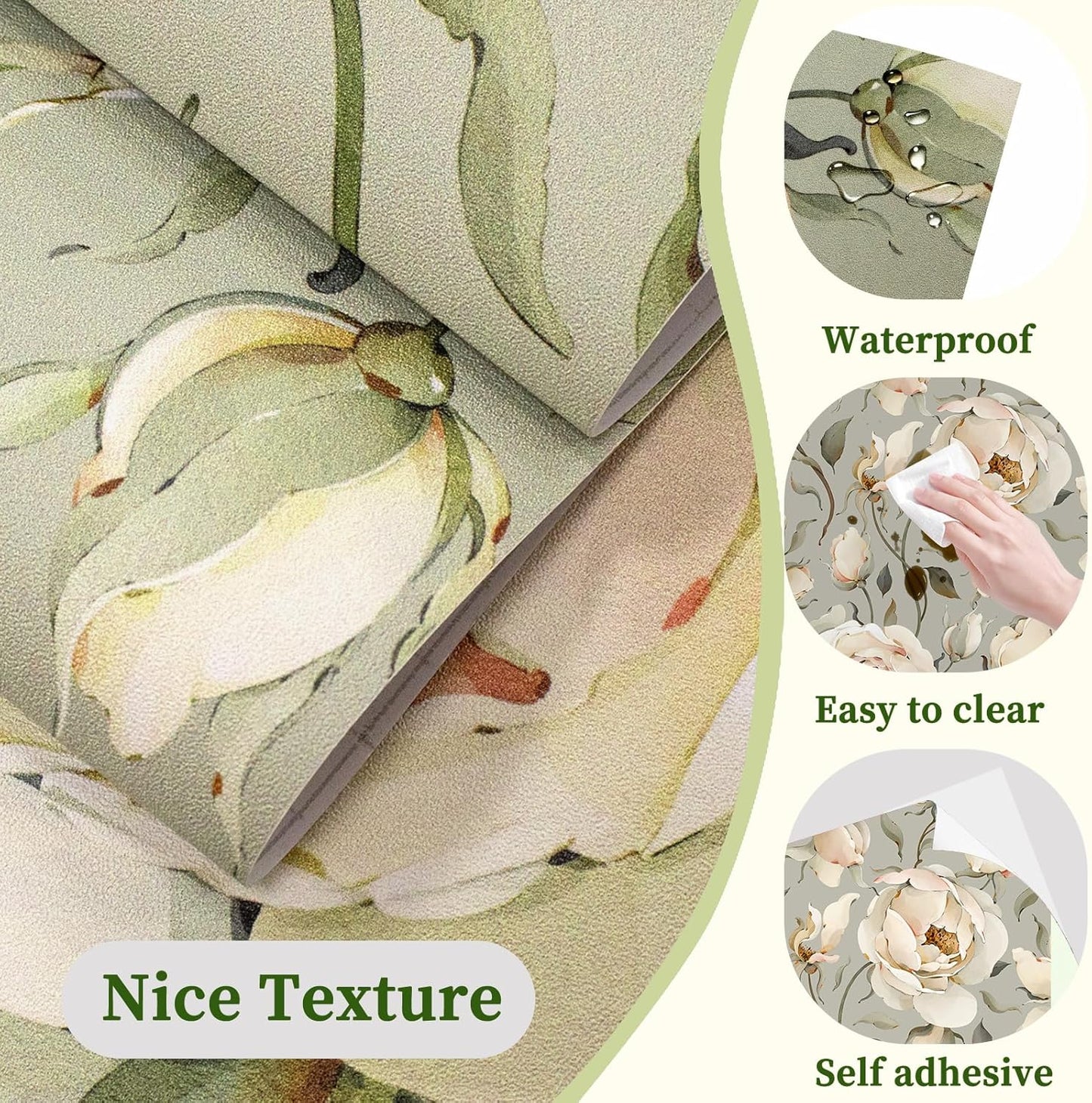 HAOKHOME Shelf Liner and Cabinet Liner Floral Peony, Self-Adhesive Drawer Liners, Peel and Stick Contact Paper for Kitchen Cupboard, Non Slip Bathroom Drawers, Green Cream 17.7in x 6.5ft