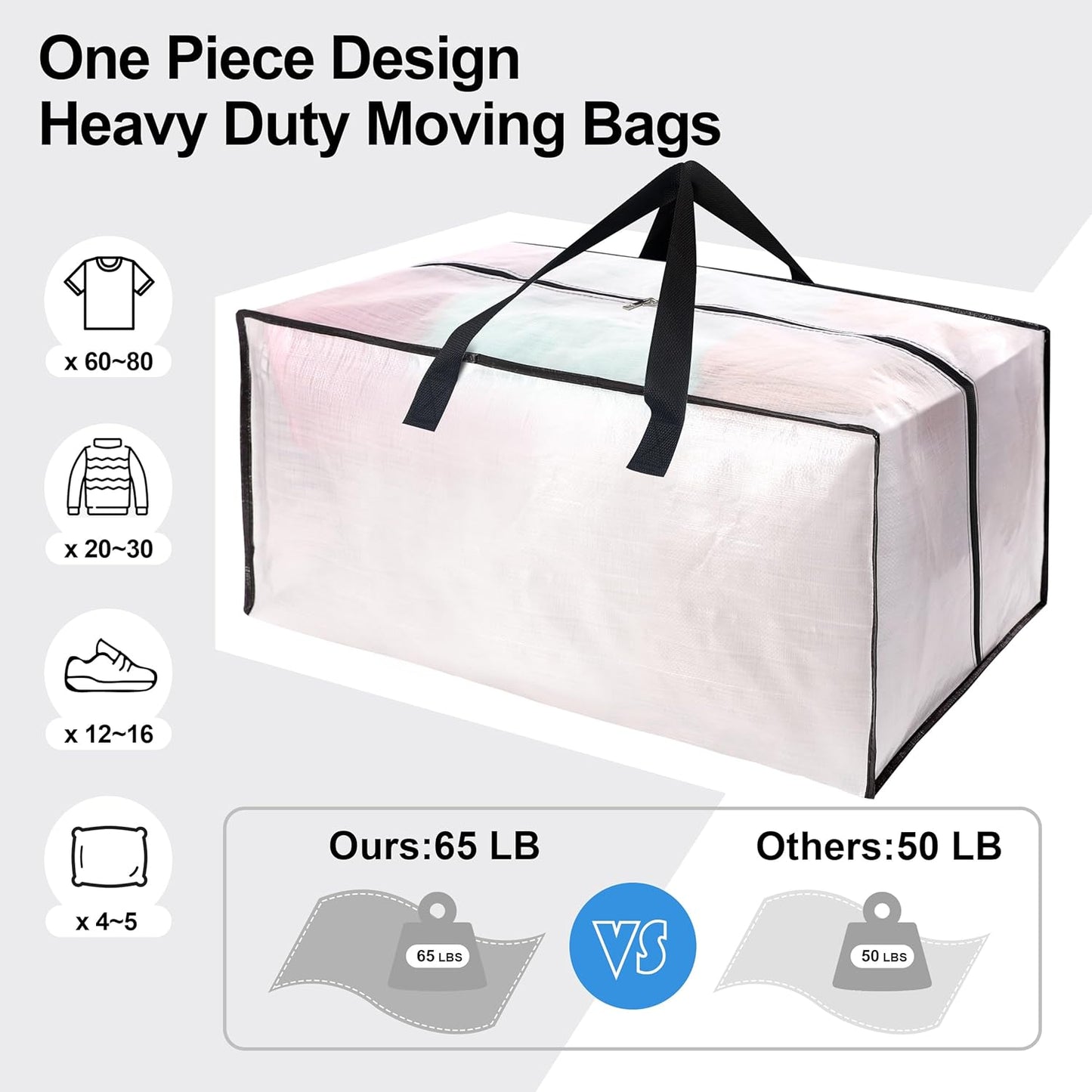 12 Pack Heavy Duty Large Moving Bags W/Backpack Straps - Strong Handles & Zippers, Storage Totes For Space Saving, Fold Flat, Alternative to Moving Box and Storage Bin, Semi-Transparent