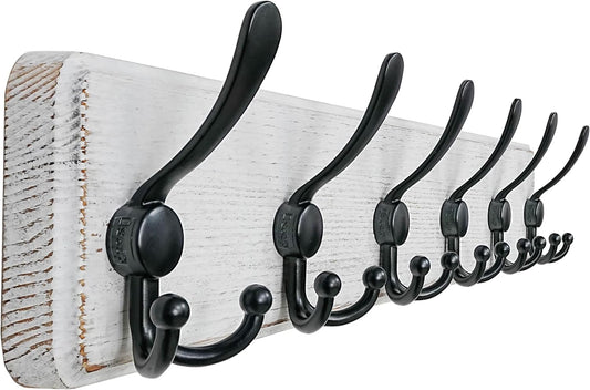 Dseap Coat Rack Wall Mounted - 24" Long 6 Tri Hooks, Heavy Duty Wooden Wall Coat Hanger Coat Hook for Clothes Hat Jacket Clothing, White and Black