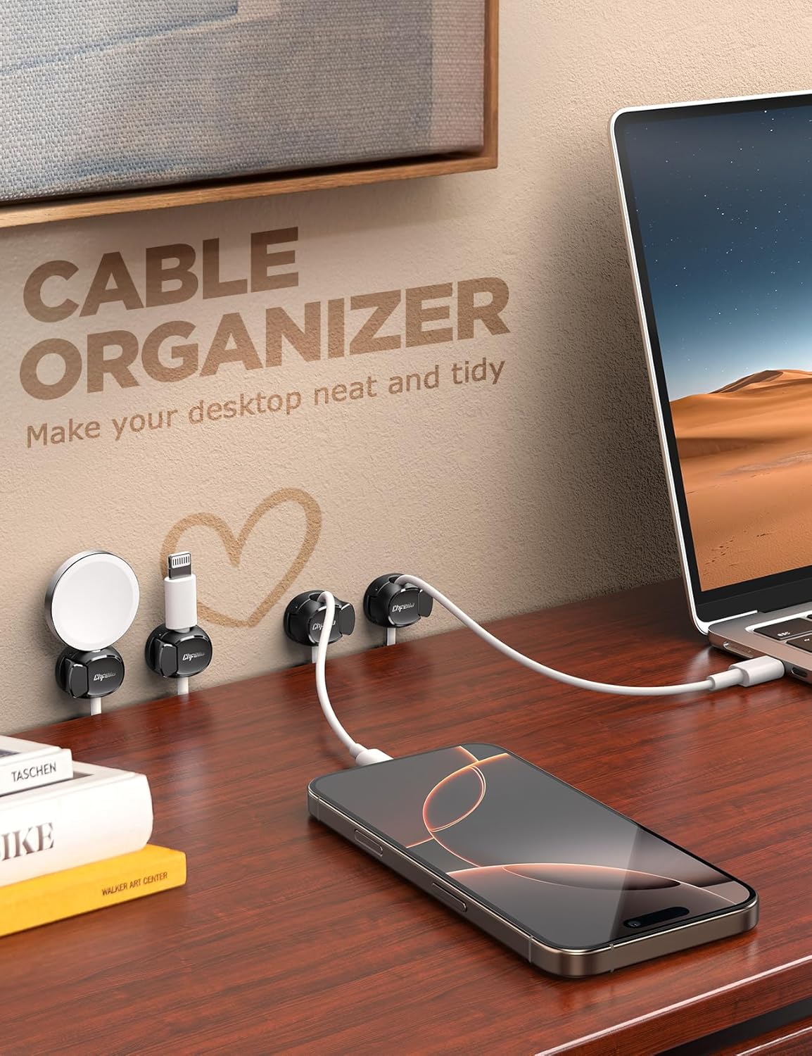 16Pack Cord Organizer [Dual Spring & Clasp, Max Secure] Cable Clips - Chfeila Cord Holder, Desk Cable Management, Adhesive Phone Charging Wire Holder for Nightstand/Car/Wall, Office Accessory - Black