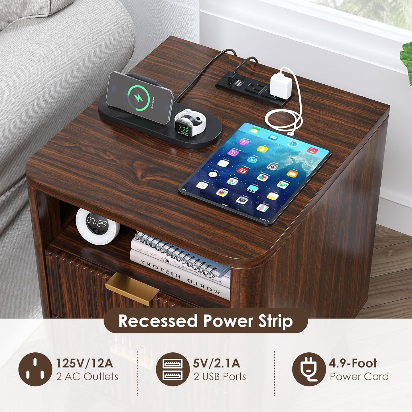 Nightstand with Charging Station, Fluted Nightstand with LED Lights, Modern Rustic Side Table with 2 Storage Drawers, Wooden End Table for Bedroom, Walnut 2pcs