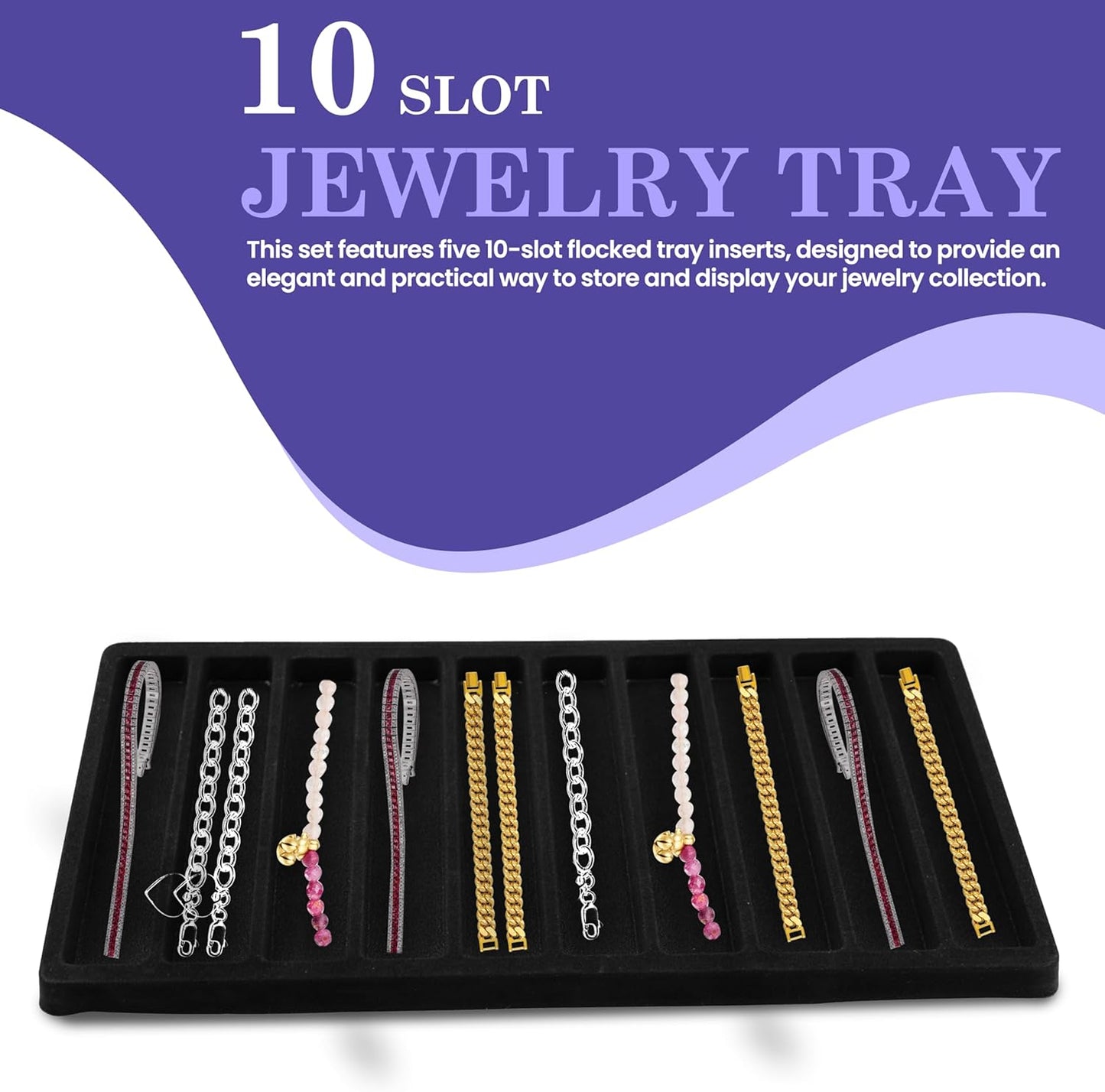 Novel Box 5 Pack 10-Slot Black Liner Jewelry Storage Tray Inserts 14.75x8.25x1 Inches - Jewelry Organizer Pad for Drawers & Store Displays - Jewelry Display Pads for Necklaces Bracelets & Chains