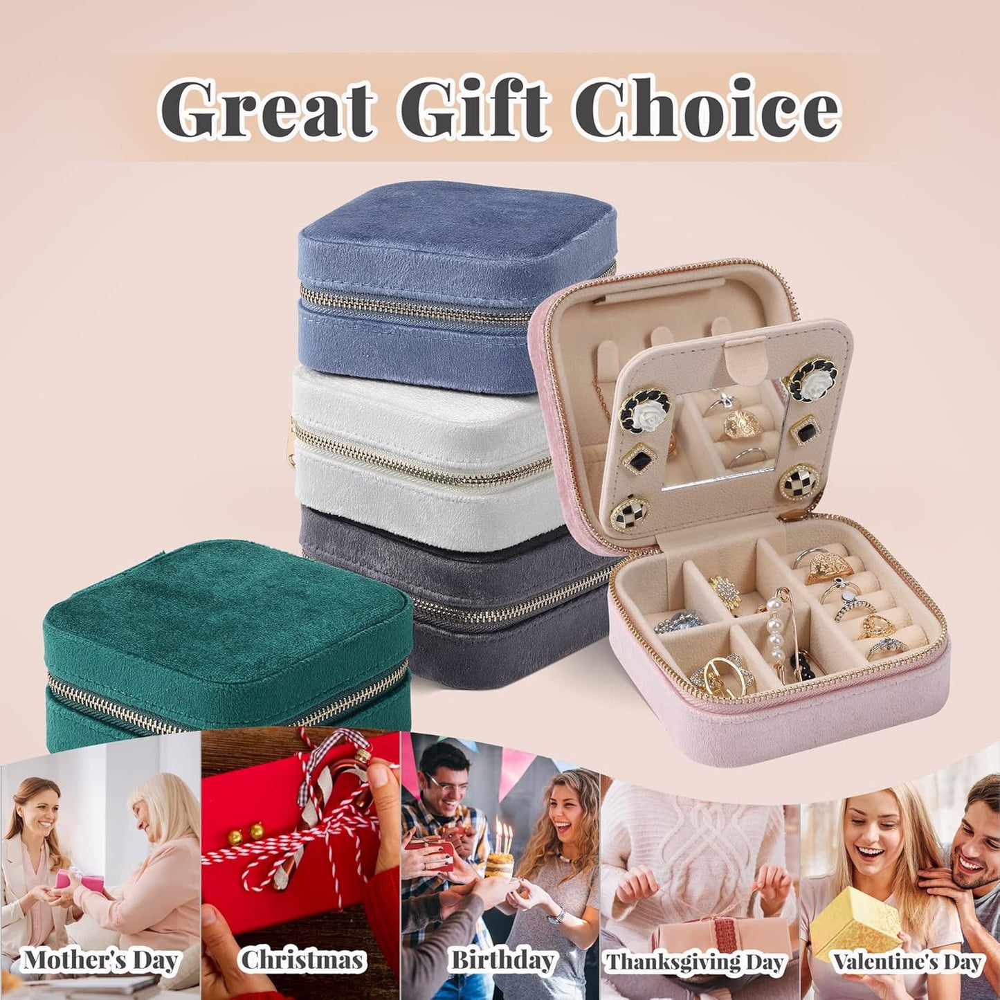 Dajasan Velvet Travel Jewelry Box, Mini Travel Jewelry Case, Small Portable Travel Jewelry Organizer Box with Mirror for Earrings Bracelets Rings Necklace (Pink)