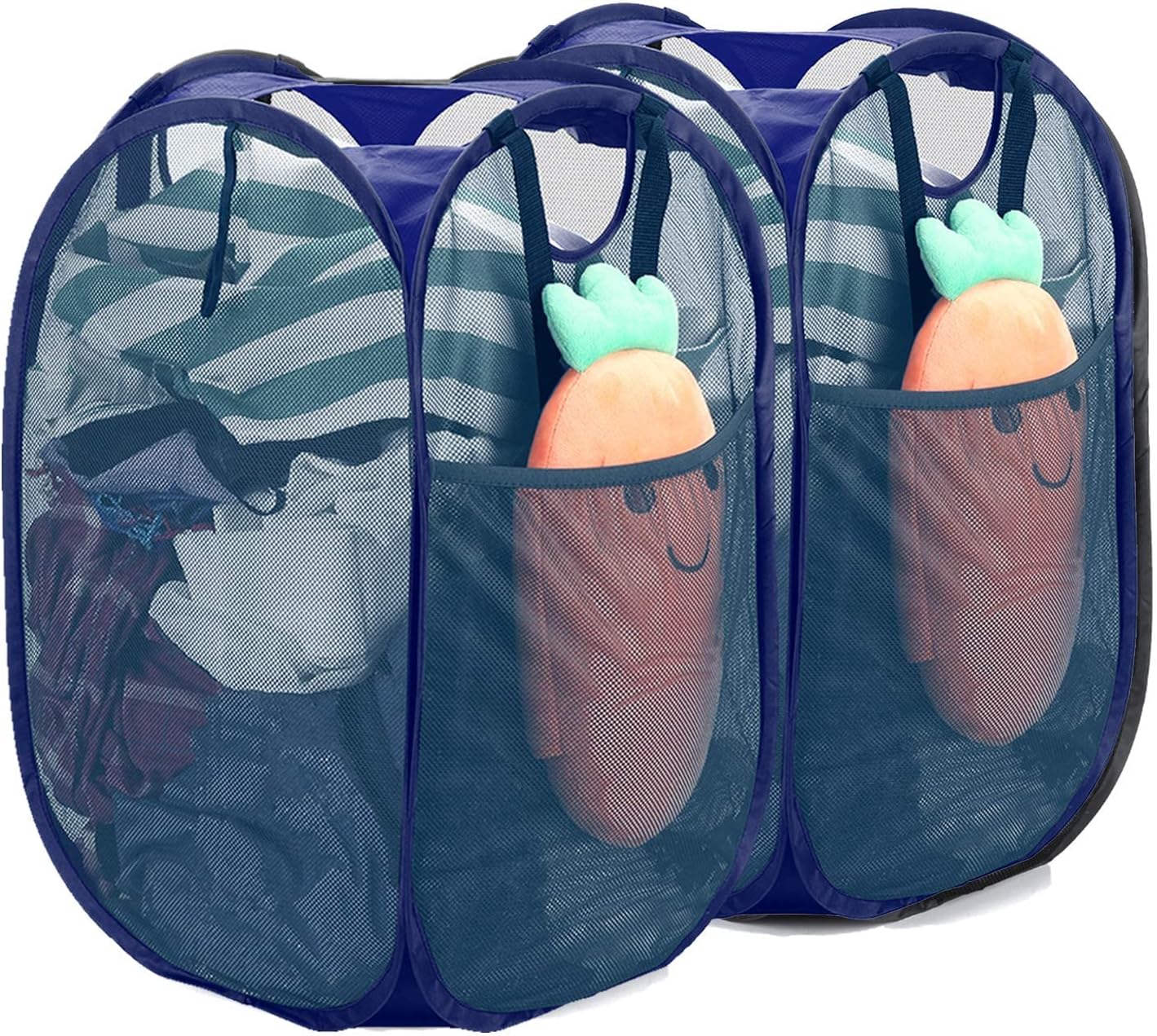 [Reinforced] Strong Mesh Pop-up Laundry Hamper, Quality Collapsible Laundry Basket with Durable Handles Solid Bottom High Carbon Steel Frame, Easy to Open and Fold Flat for Storage(Blue)