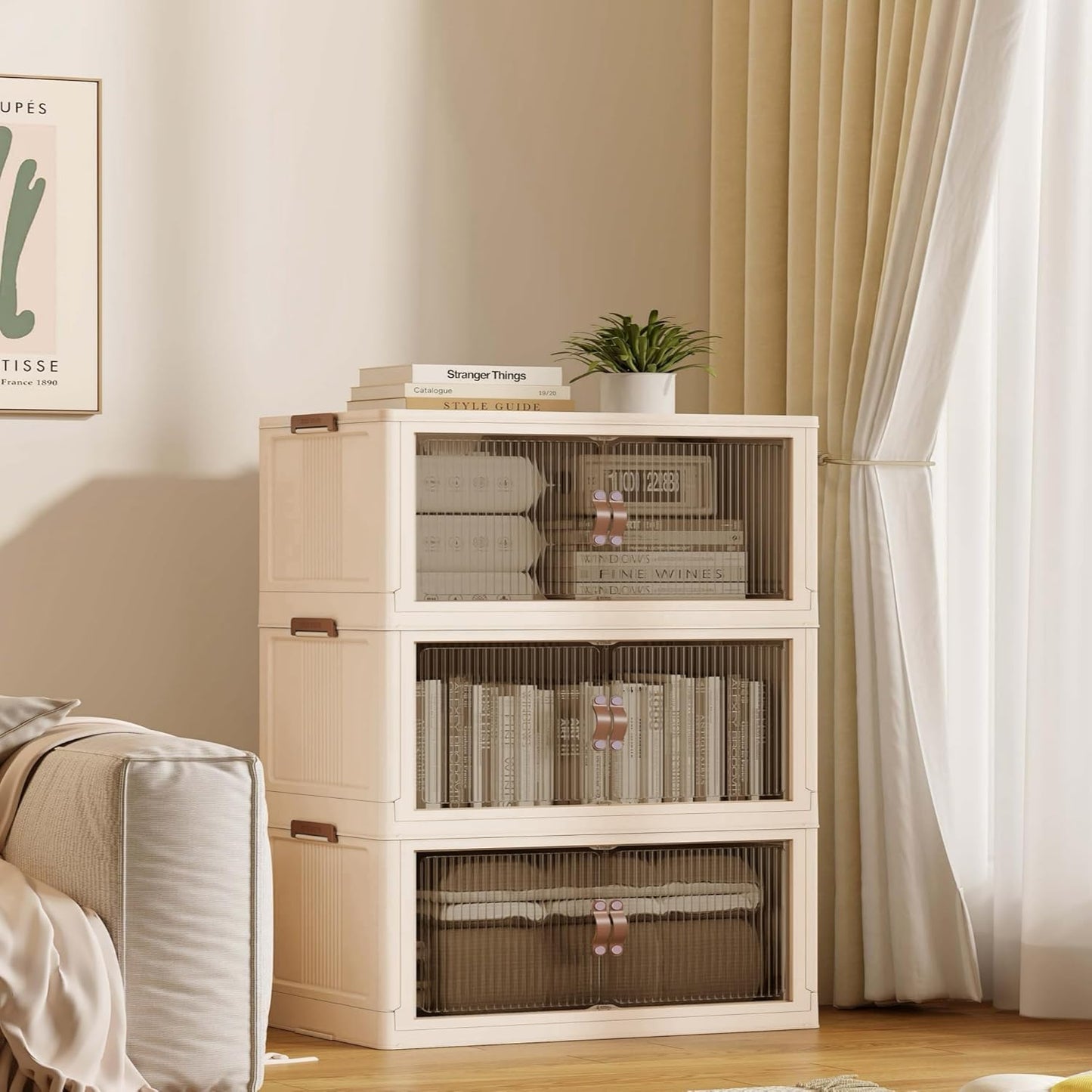 SAILUN 87Gal/348Qt Stackable Storage Bins Folding Collapsible Storage Bins with Lid, Closet Organizers and Storage Beige 26" W x 17" D x 43.7" H
