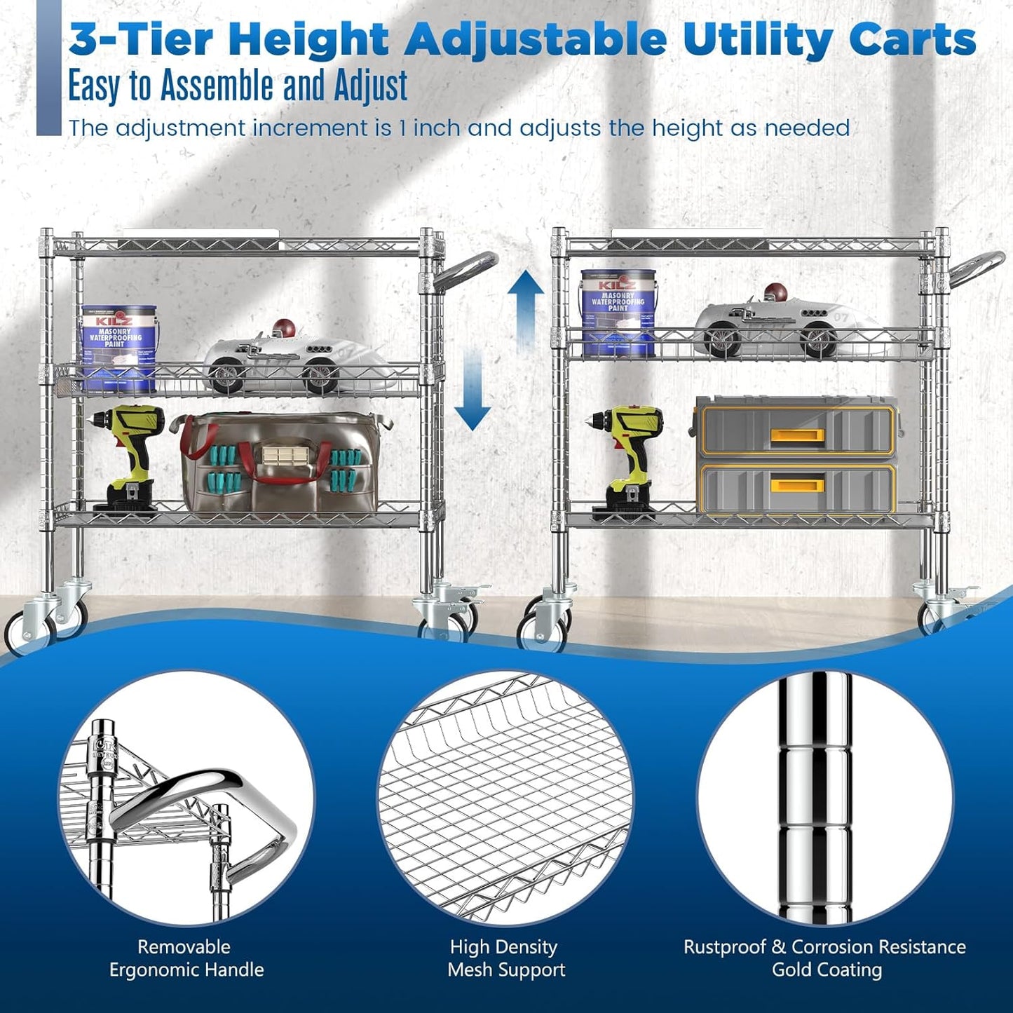 Leteuke 3 Tier Rolling Carts with Wheels, Heavy Duty Rolling Utility Cart,NSF Commercial Grade Metal Cart with Handle&Shelf Liner,Trolley Serving Cart for Kitchen,Restaurant,Plant Display,Chrome