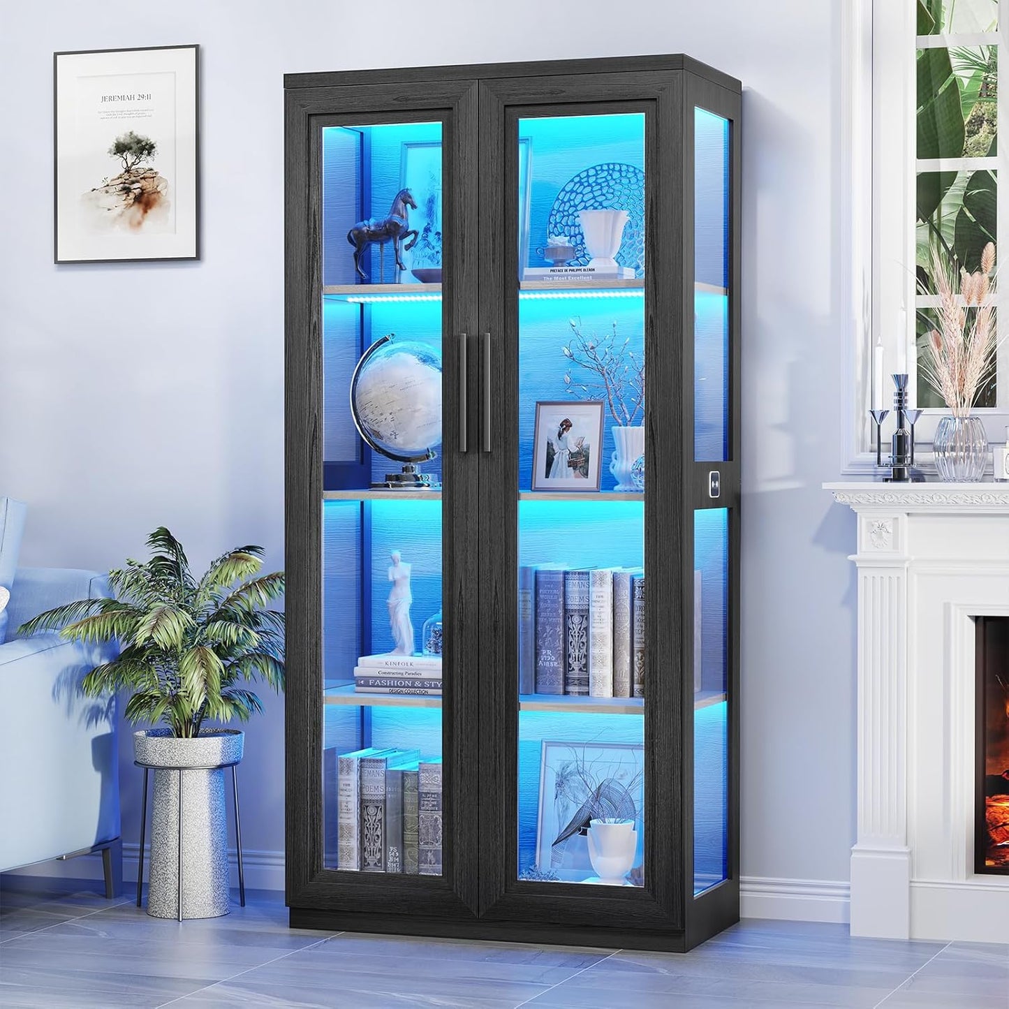 Curio Cabinet with Glass Doors, Bookcase with 4 Shelves, Display Cabinets for Collectibles, China Cabinet with 3 Color LED Lights and Human Body Sensing, Buffer Hinge, Black