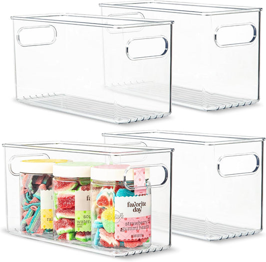 primebox Plastic Food Storage 4 Pack Clear Container Bin with Handles for Organizing Kitchen, Pantry, Refrigerator, Freezer, Pantry, Cabinet, Closet, Bathroom. 10”x4”x5”