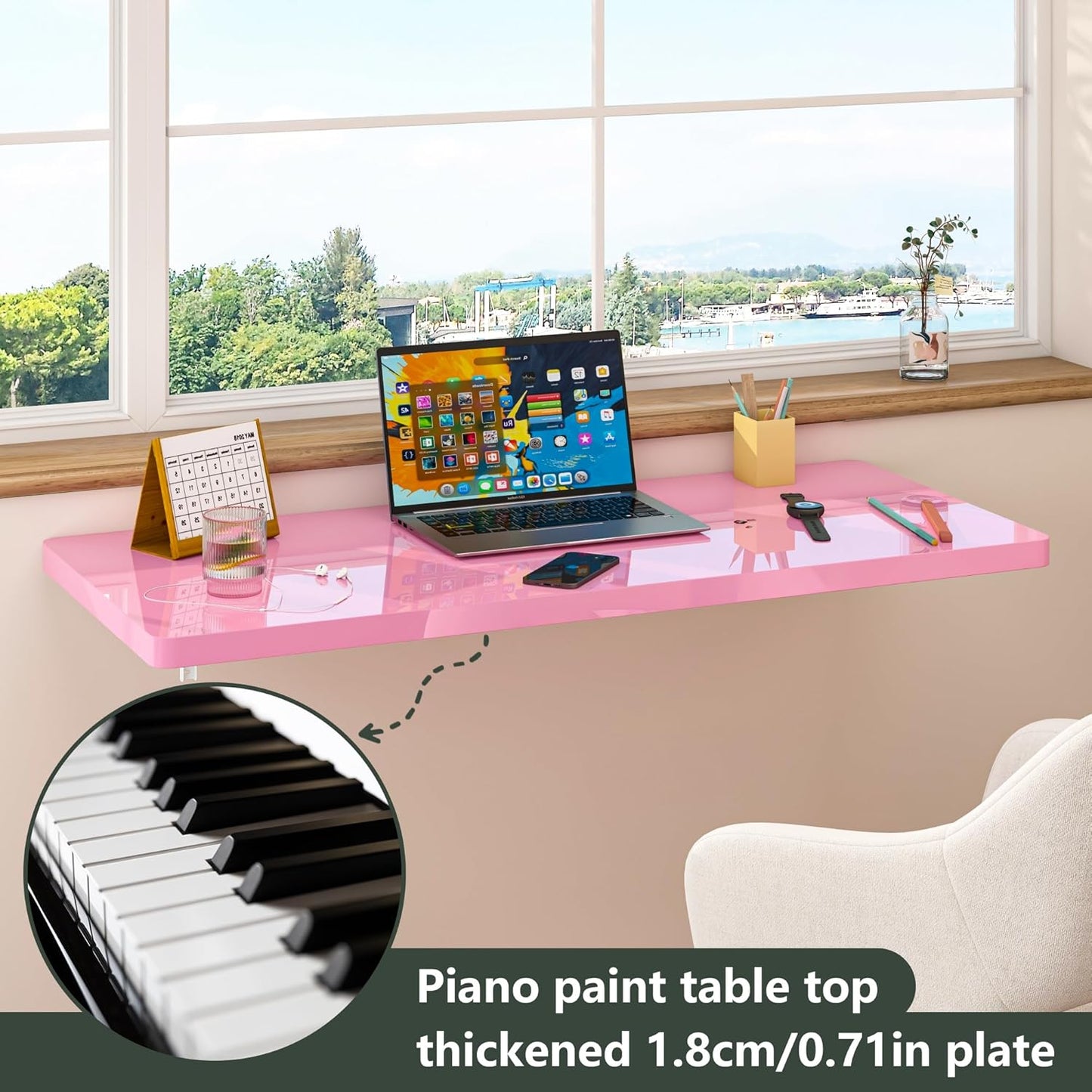 Clikuutory Wall Mounted High Gloss Folding Table, Wall Desk Fold Down for Small Spaces, Folding Workbench for Laundry Room, Home Office, Kitchen, Bedroom, Home Bar, Pink (39.4"×19.7")