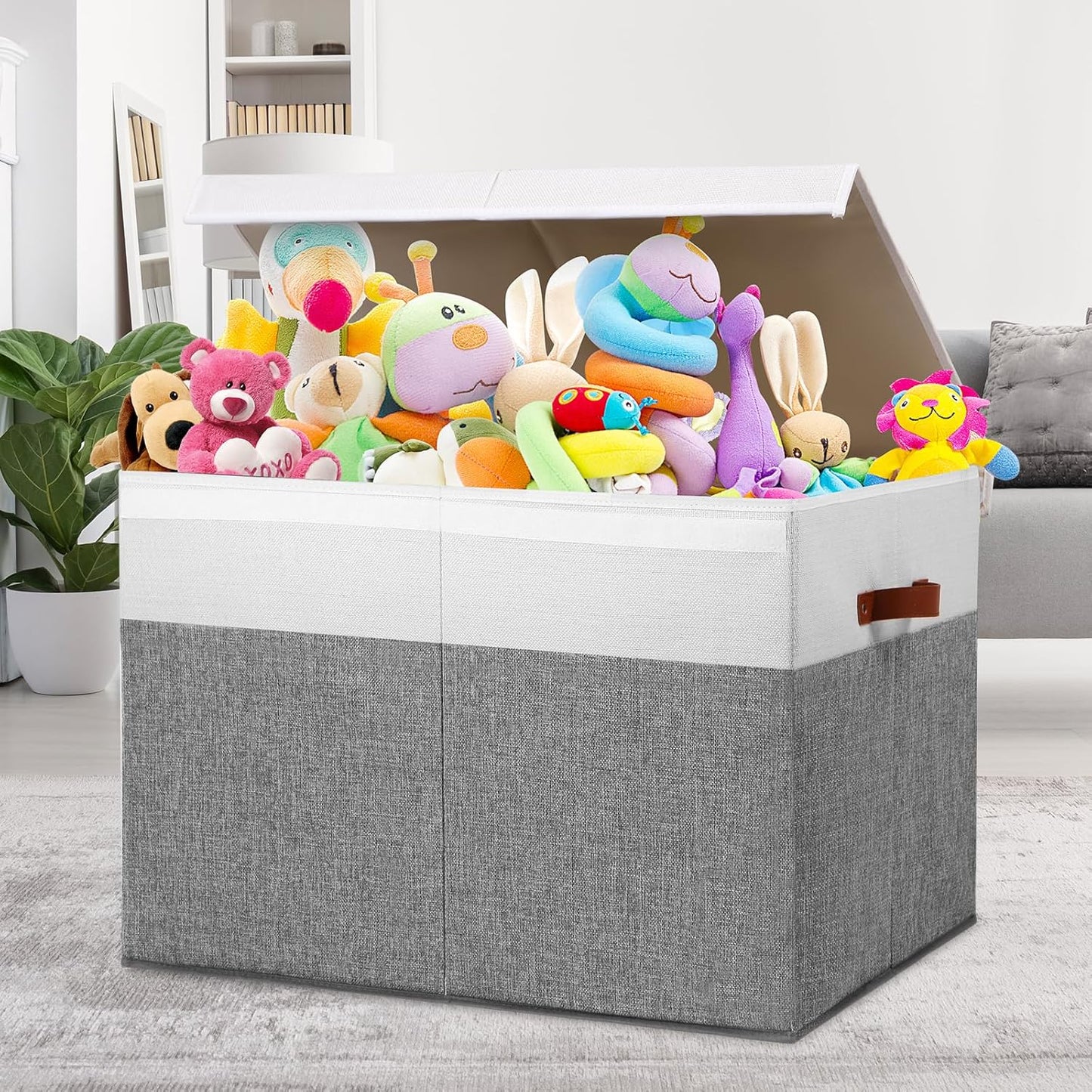 Large Toy Storage Box with Lid, Sturdy Toys Storage Chest Bin Organizer Basket with Dividers for Kids, Boys, Girls, Nursery, Closet, Bedroom, Playroom 26"x17" x17" (Grey and White)