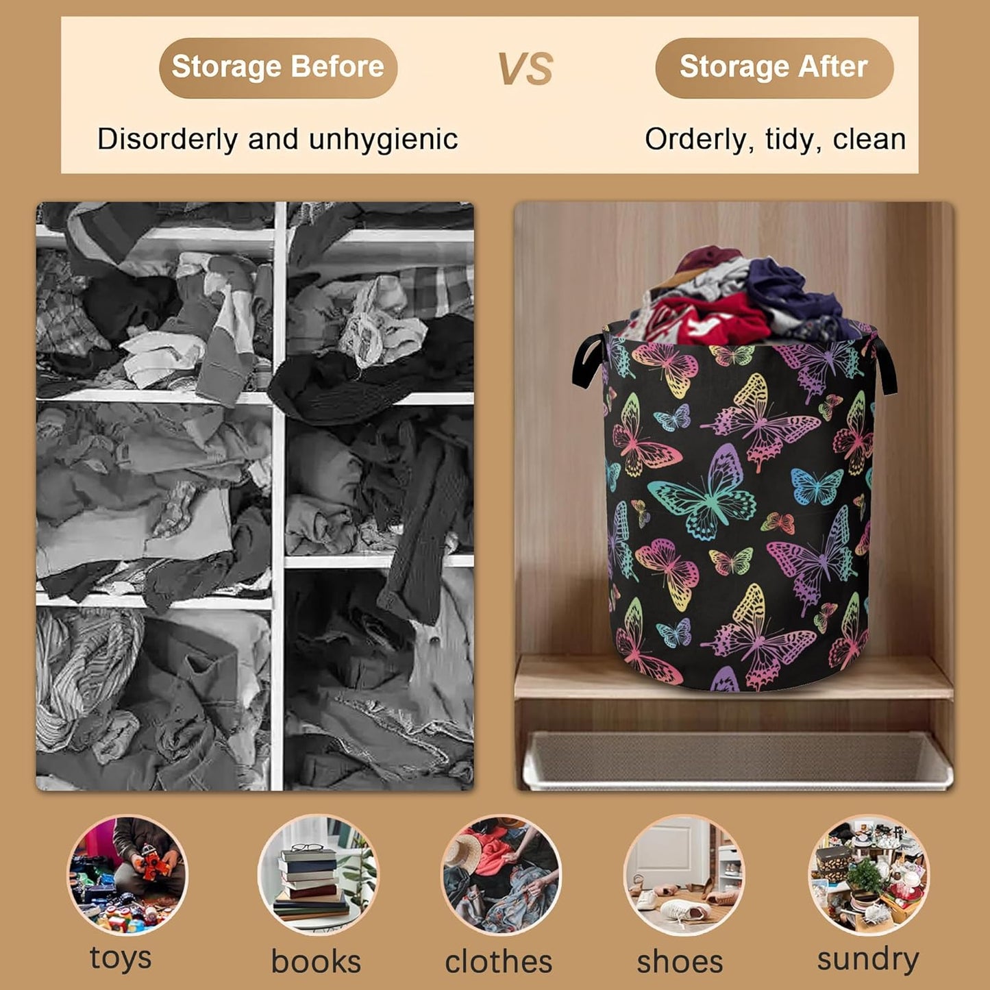 Rainbow Butterfly Collapsible Laundry Baskets,Laundry Hamper,Storage Basket with Handles for Bathroom Bedroom College Dormitory Living Room Nursery Organizer 16"x20"