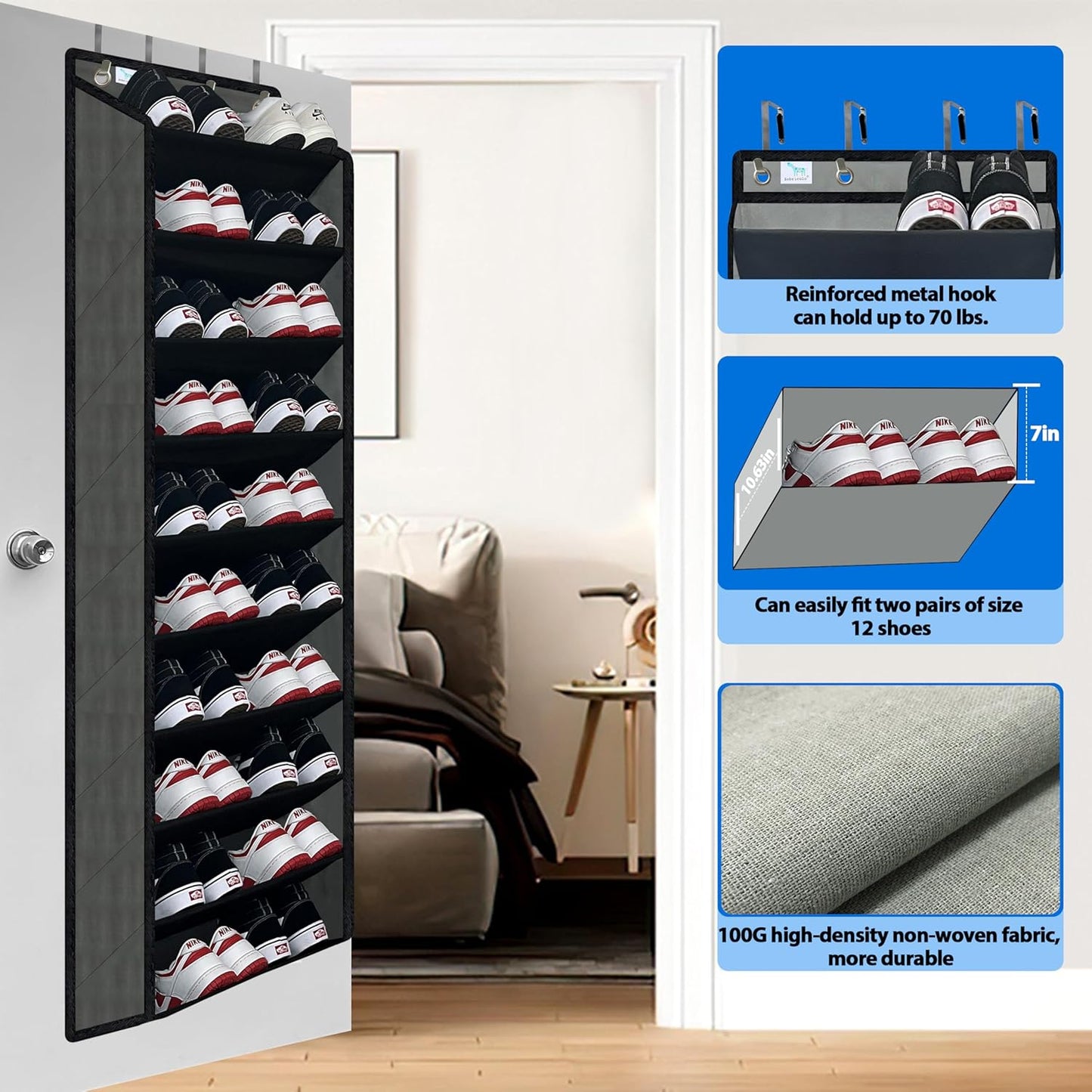 Shoe Organizer,70 Pounds Large Capacity,20-30-Pair Over The Door Shoe Organizer,10 Tiers Shoe Rack for Closet,New Upgrade Anti-Scratch Heavy Duty Hook and Bamboo Material Baffle,Grey/Black