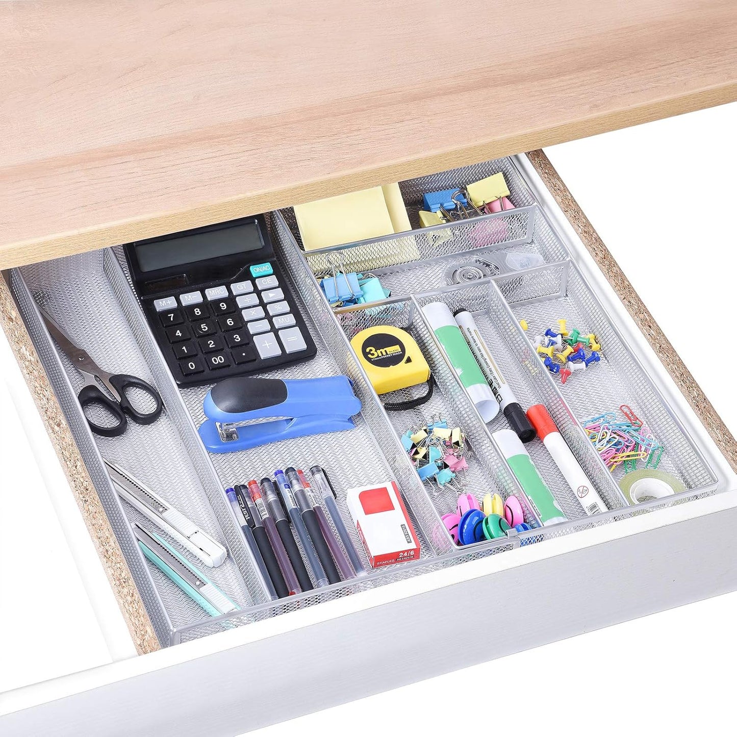WuGeShop Expandable Office Drawer Organizer, 6 to 7 Compartments Adjustable Mesh Desk Drawer Organizer, Good Desk Organizer for Office Supplies and Art Supplies