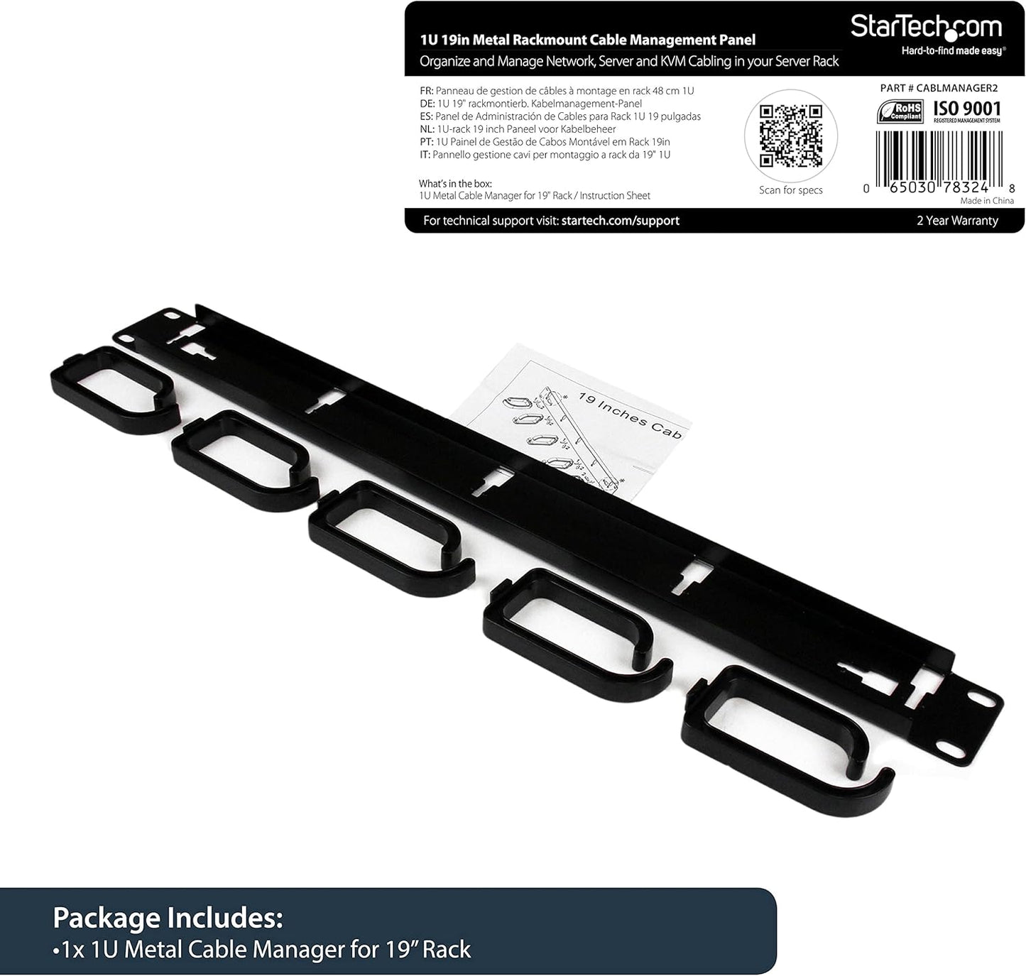 StarTech.com 19” Server Rack Cable Management Panel w/ D-Ring Hooks - 1U Horizontal or Vertical Wire and Cord Manager - Metal , TAA (CABLMANAGER2)