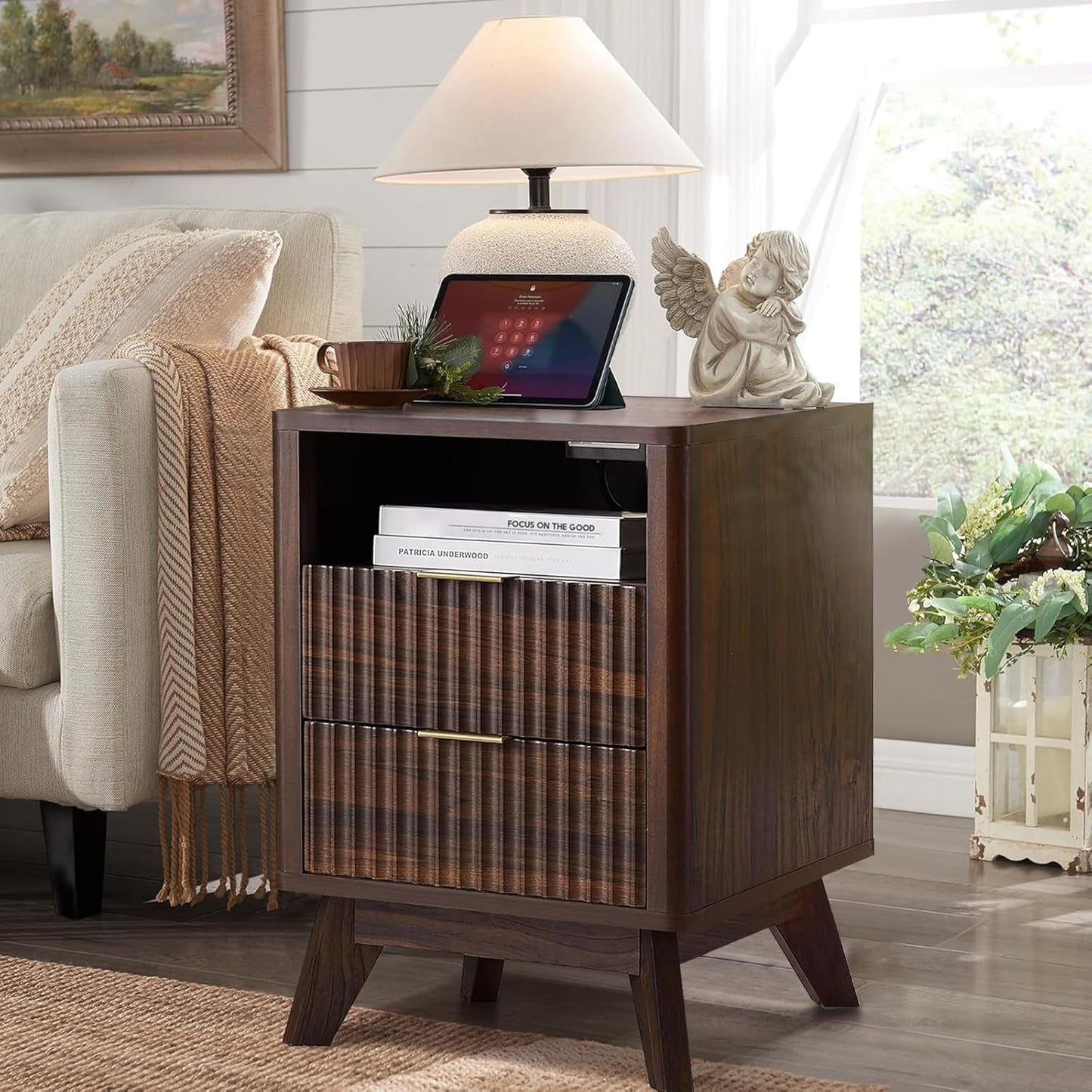 Fluted Nightstand - 24" Modern Bedside Table w/ 2 Drawers, Wood Bed Side End Table with Open Shelf, Night Stand with Storage Drawer, Curved Design Night Stands for Bedroom Living Room (Walnut)