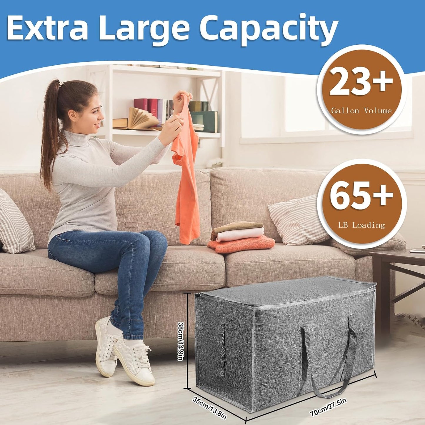 12 Pack-Extra Large Heavy Duty Moving Bags - Waterproof Storage Totes with Handles & Zippers, Foldable for College Dorm, Storage (Gray)