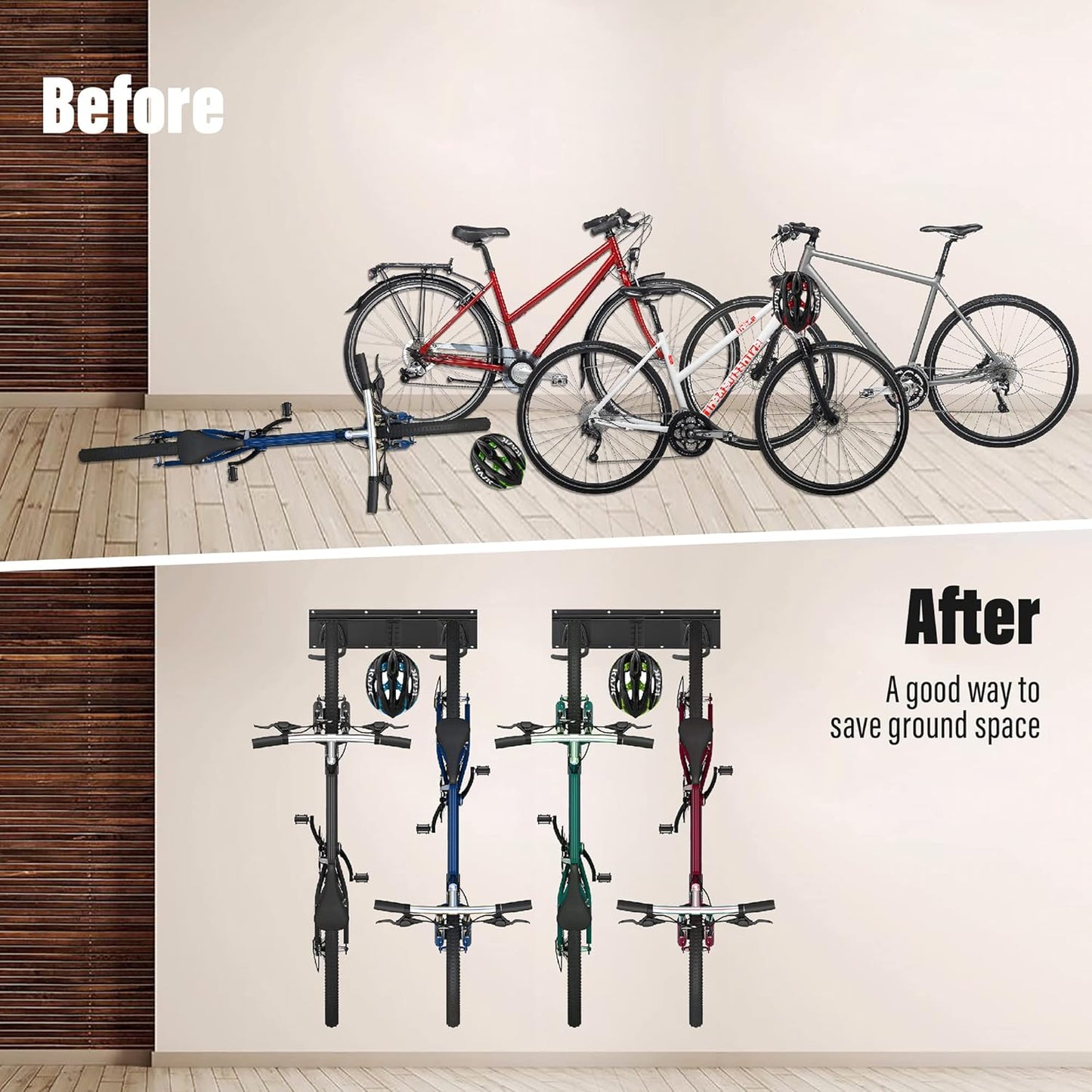 Sinoer 6-Bike & 6-Helmet Wall Mount Rack - 64 Inch Adjustable Bike Storage, Heavy Duty Steel Hooks, Space-Saving Bike Organizer for Home & Garage