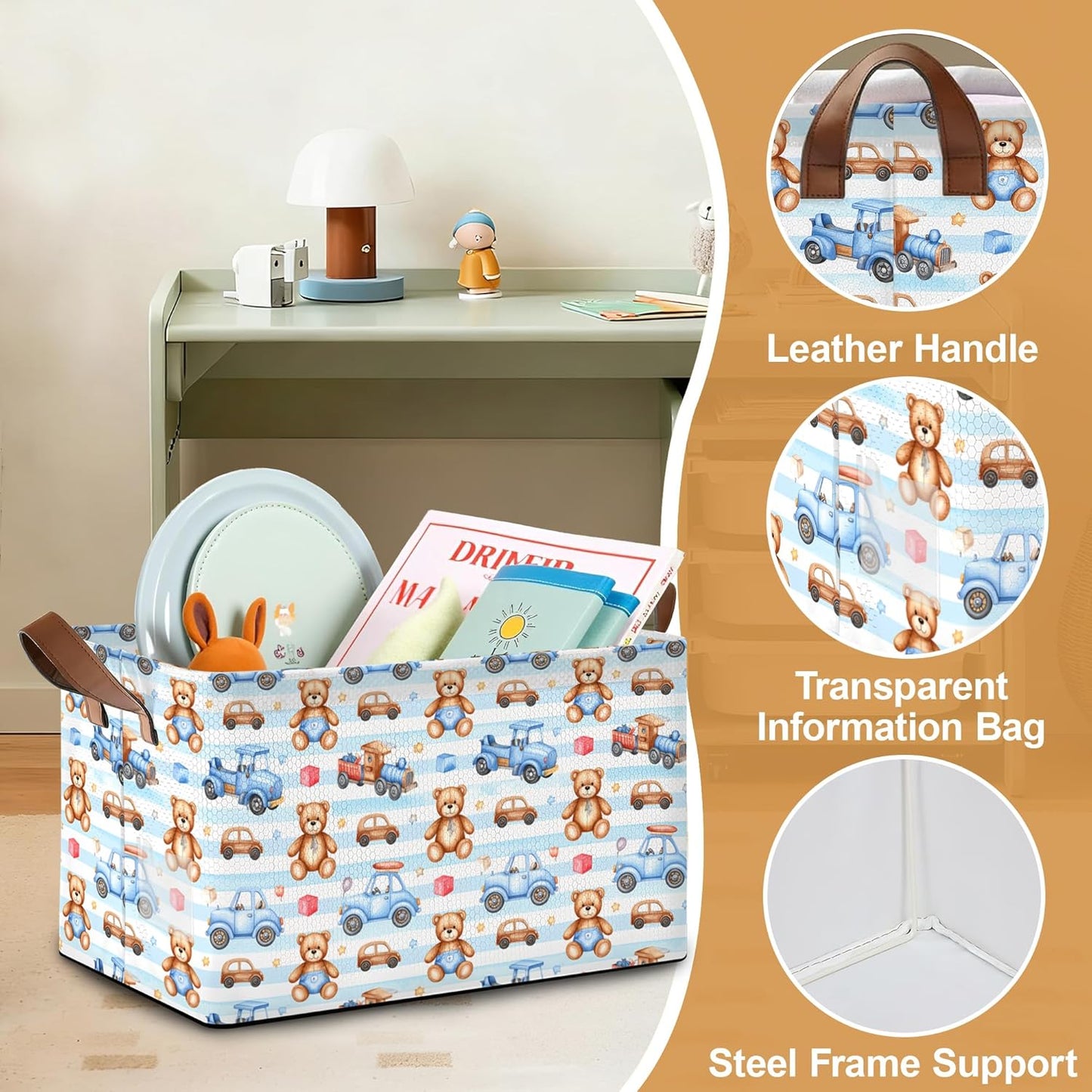 32L Large Storage Bins with Handles, Basket Organizer for Shelves, Closet, Books, Laundry & Home Decor (Cute Bear Car)