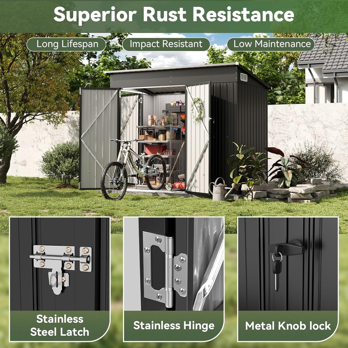 Aoxun 7.5'x4' Triple Door Shed Outdoor Storage Shed with Three Lockable Door for Easily Accessing Metal Storage Cabinet with Slopping Roof for Tools Bicycles Storage for Garden, Backyards (Black)