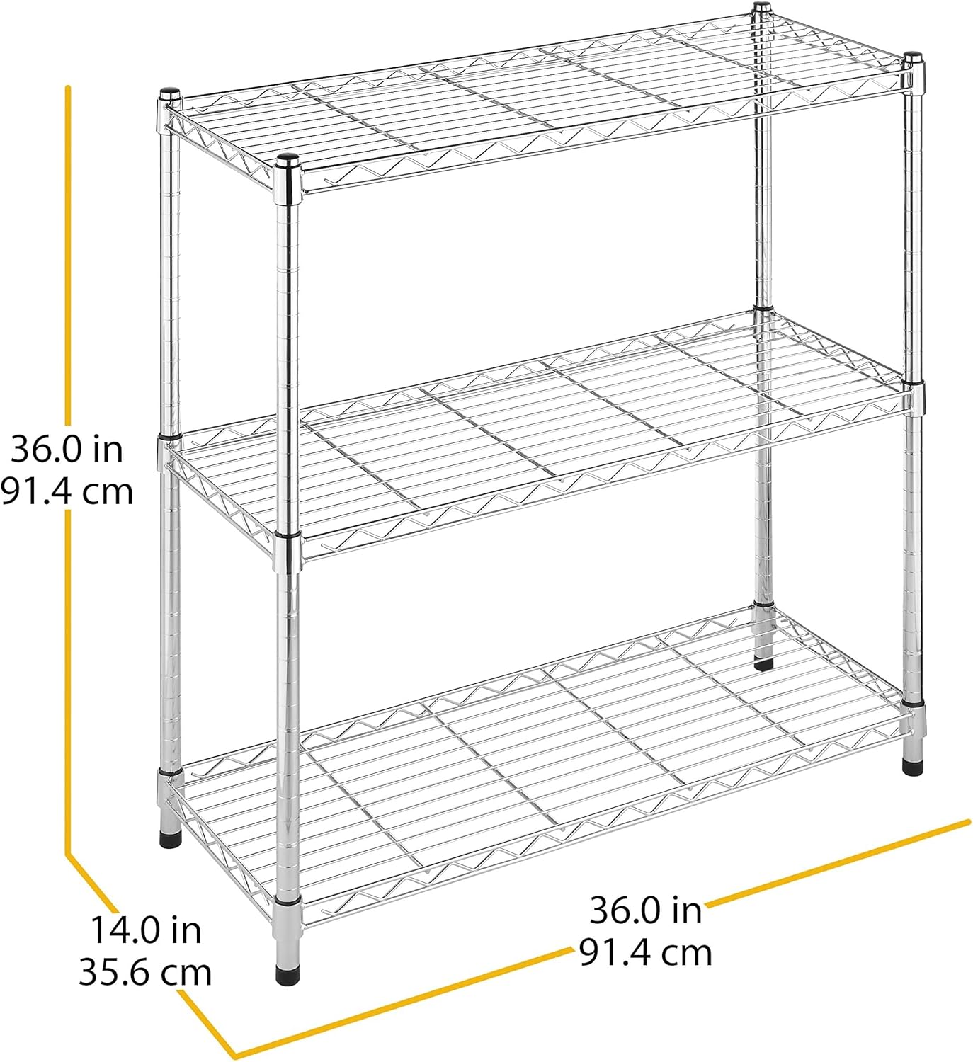 Whitmor 3 Tier Shelving Unit, Metal Storage Shelves, 400 lbs Capacity per Shelf, 1200 lbs Total, Durable Heavy Duty Shelf for Kitchen, Garage, Plant, 36" L x 14" W x 36" H, Chrome