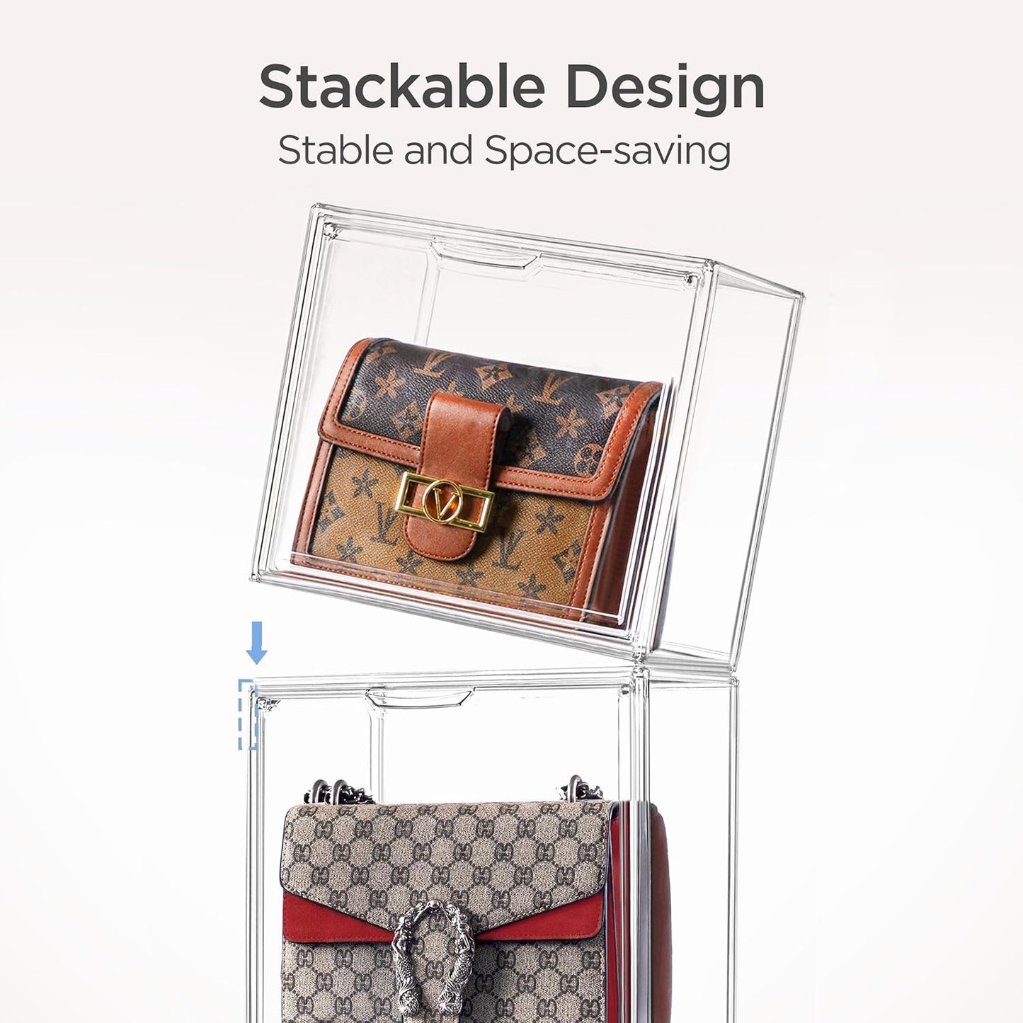 HBlife 5 Pack Purse Storage Organizer for Closet, Medium Clear Stackable Handbag Display Case Box with Magnetic Door for Collectibles, Cosmetics, Women Heels and Toys