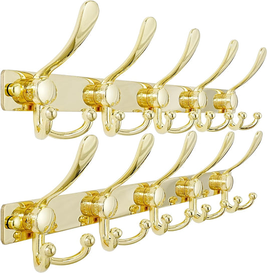 Dseap Coat Rack Wall Mount 2.0 Pro: Heavy Duty 300% Thicker, 16" Stud Mount, Stainless Steel Wall Coat Hooks Hanger for Clothes Jackets Hats Entryway Closet, MaxStrong Series, Gold, Pack of 2
