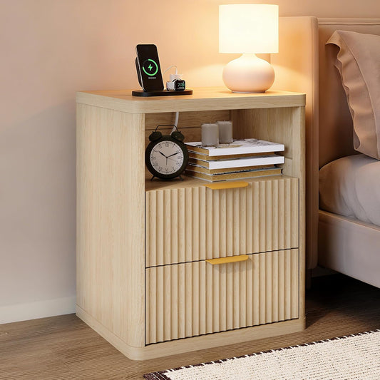Fluted Nightstand with Charging Station, Bedside Table with 2 Drawers and Open Storage Space, Metal Handles and Rounded Corners for Safety, Mid Century Modern End Table, for Bedroom, Living Room Sofa