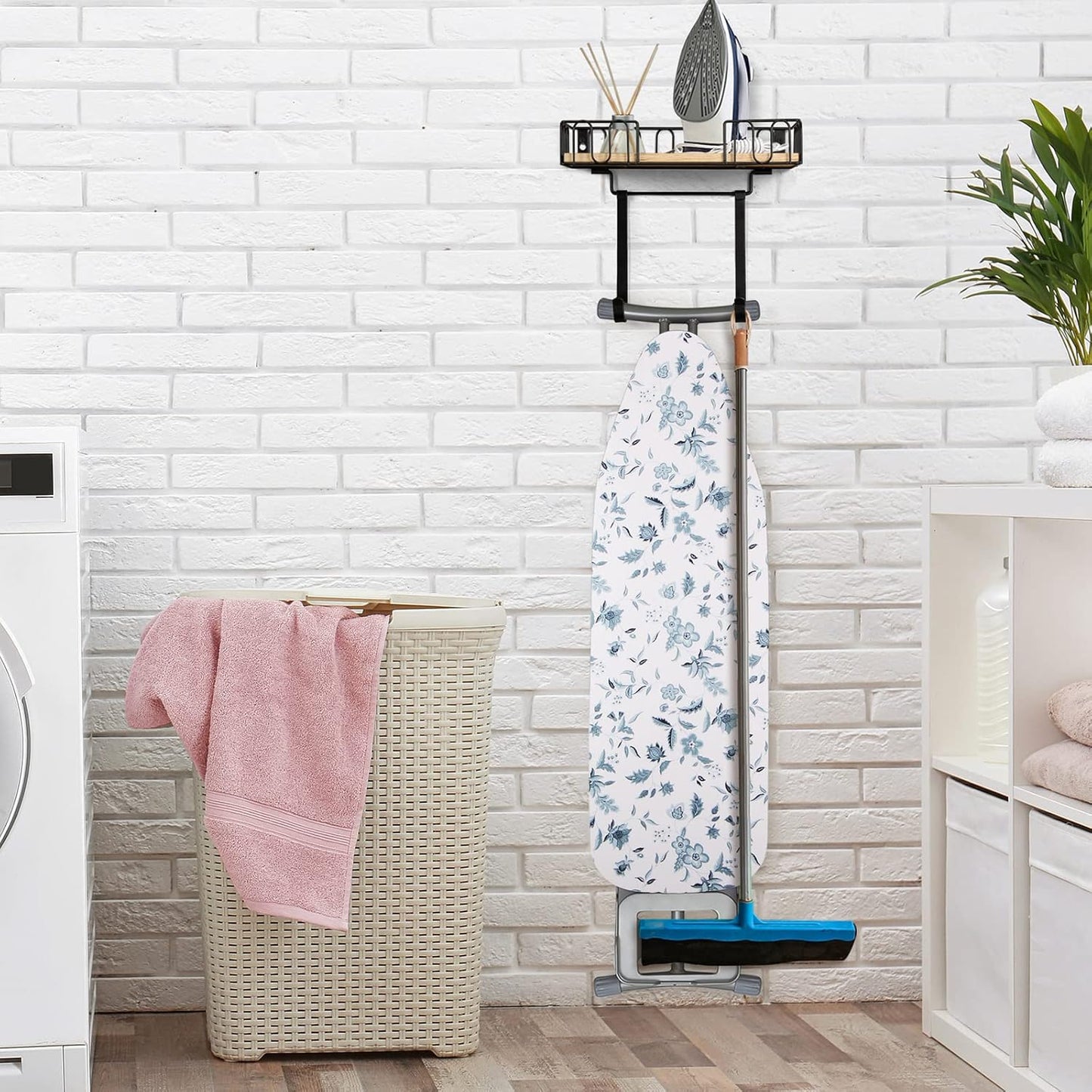 TJ.MOREE Ironing Board Hanger Metal Wall Mount Iron and Ironing Board Holder, Laundry Room Decor and Storage with Large Storage Black Wooden Base Basket and Removable Hooks