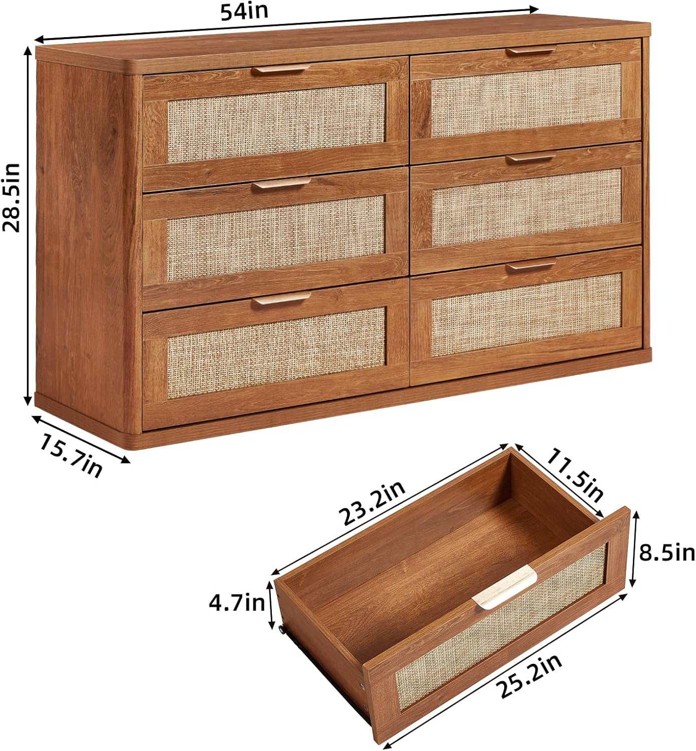 LEYAOYAO Rattan 6 Drawer Dresser for Bedroom Set of 2, 54" Wide Boho Chest of Drawers, Wooden Dressers TV Stand with Metal Handle, Storage Closet Organizer for Living Room, Hallway, Tea Brown