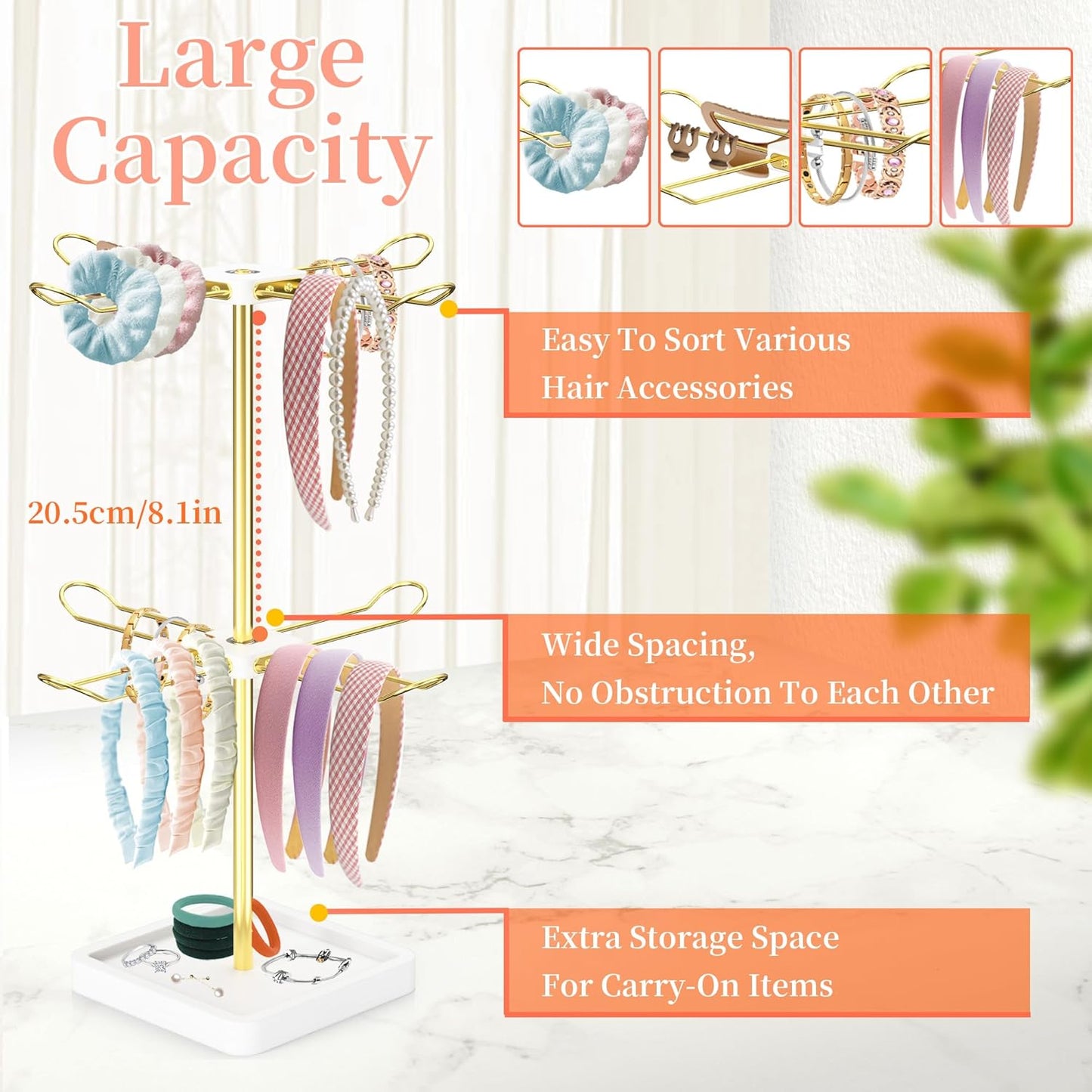 Rotatable Headband Organizer, 2 Tier Head Tie Holder, Hair Hoop Display Stand, Wooden Head Band Storage with 8 Metal Brackets, Scrunchie Rack for Bracelet, Jewelry, Claw Clip (White)
