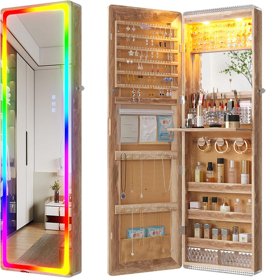 HNEBC LED Mirror Jewelry Cabinet with RGB Lights,47.2" Wall Mounted Jewelry Organizer with Full-Length Mirror,Over The Door Hanging Jewelry Armoire Storage Cabinet,Folding Dresser,2 Drawers,Lockable