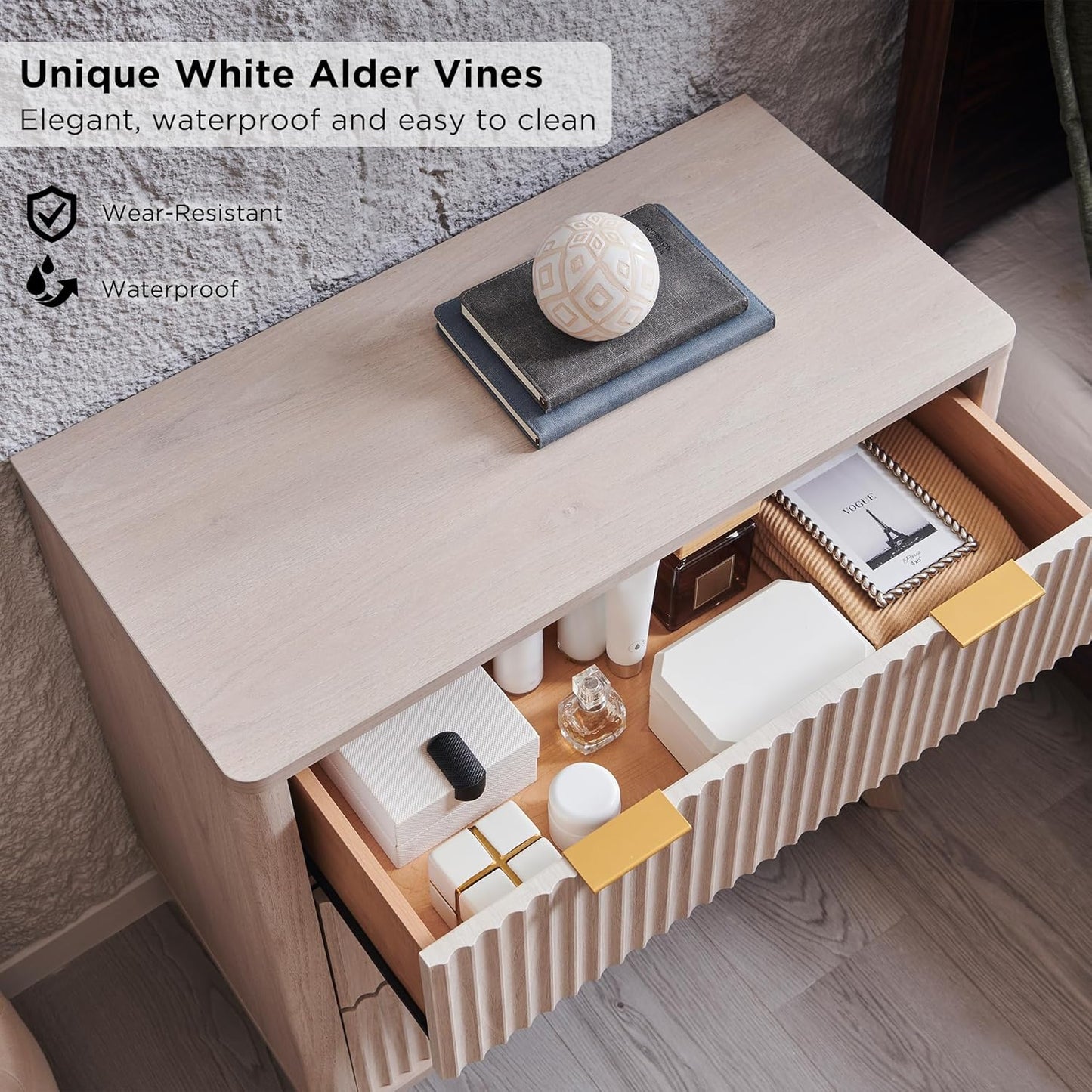 T4TREAM Fluted 3 Drawers Nightstand, Oversized Extra Large Modern Side Table, End Table Bedside for Bedroom, Living Room, Curved Profile Design, White Alder