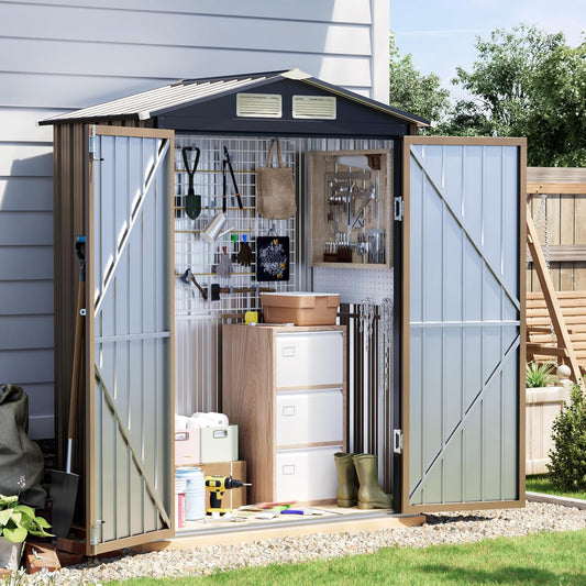 5x3 FT Outdoor Metal Storage Shed with Floor Frame, Double Door, 1 Clear Window, Tool Shed for Garden, Patio, Backyard Brown
