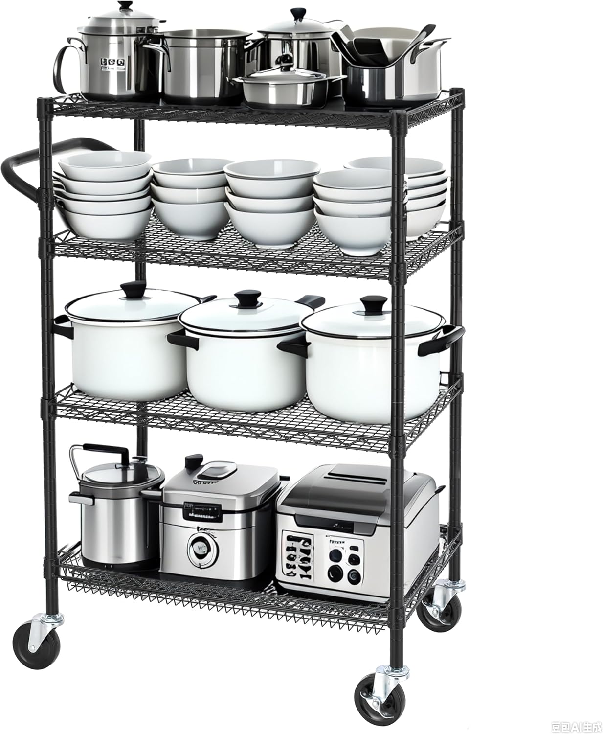 Finnhomy 4 Tier Heavy Duty Commercial Grade Rolling Cart with Handle Bar, Metal Wire Utility Cart with Wheels, Shelf Size 18" D x 30" W, NSF Listed, Black
