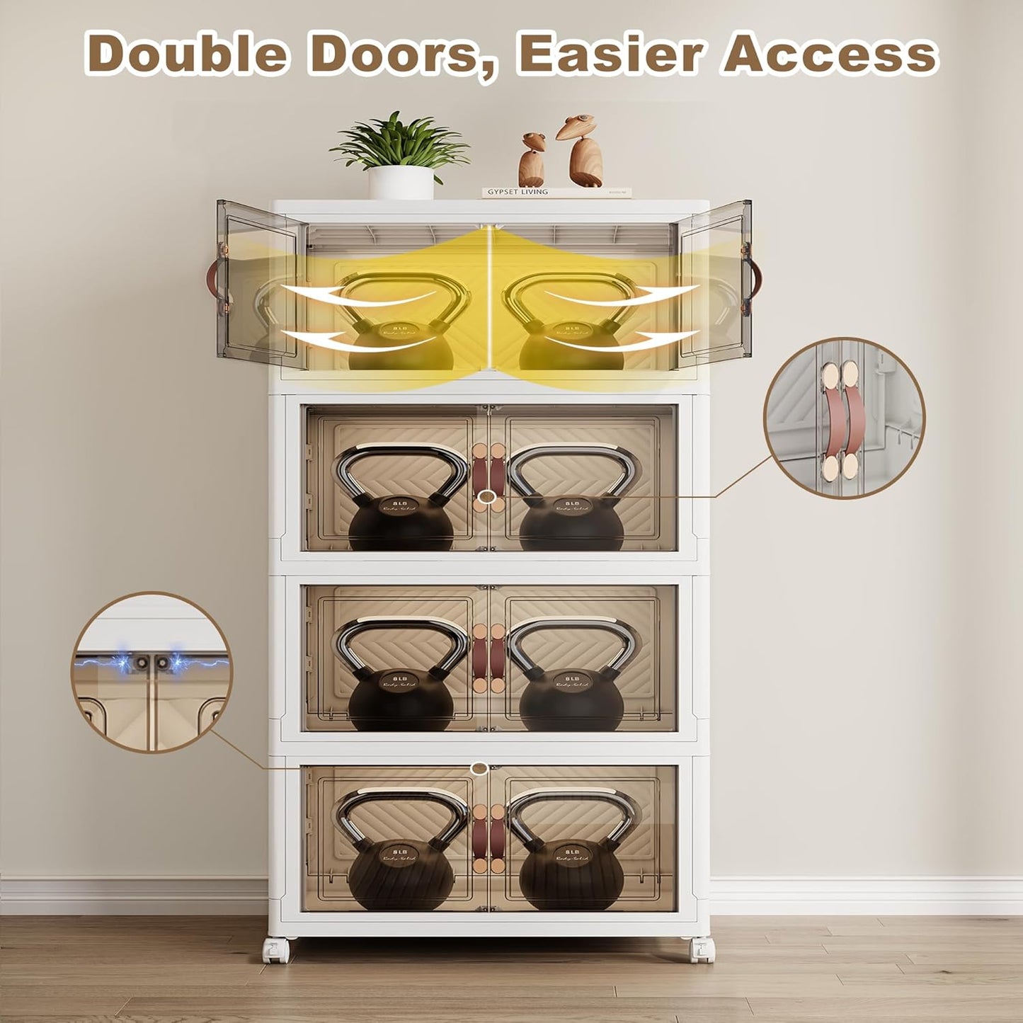 SAILUN 628QT Stackable Storage Bins with Lid, Collapsible Storage Bins With Doors and Wheels, Folding Plastic Cabinet Containers for Home Kitchen Closet Organization, 4 Pack