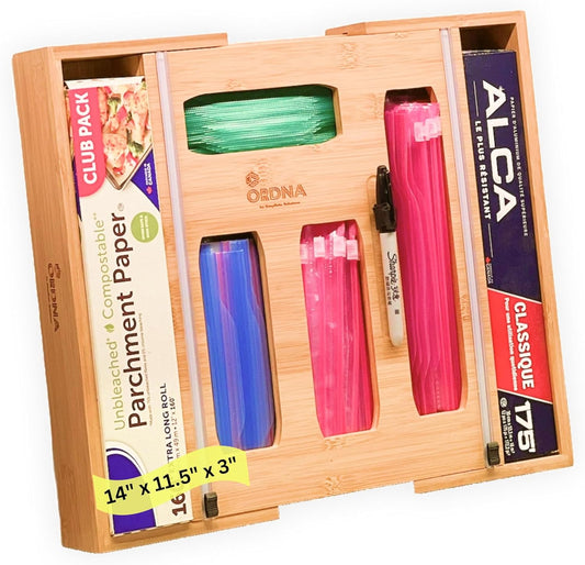 6 IN 1 Bamboo Baggie Organizer for Drawer, Storage Bag Organizer Kitchen Drawer for Foil, Aluminum, Saran Wrap, Compatible with Quart, Gallon, Sandwich and Snack Size Bags