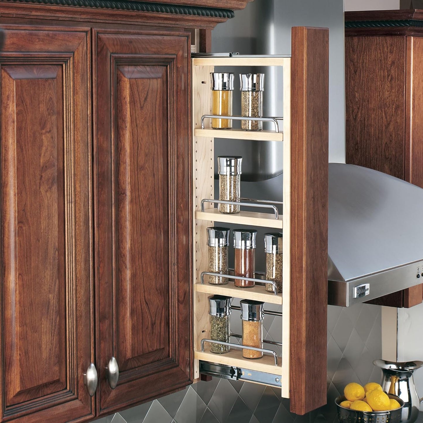 Rev-A-Shelf Kitchen Cabinet Pullout Wall Filler Wooden Organizer Slide Out Pantry Storage w/Soft-Close in Multiple Sizes, 3 x 42 in, 432-WFBBSC42-3C