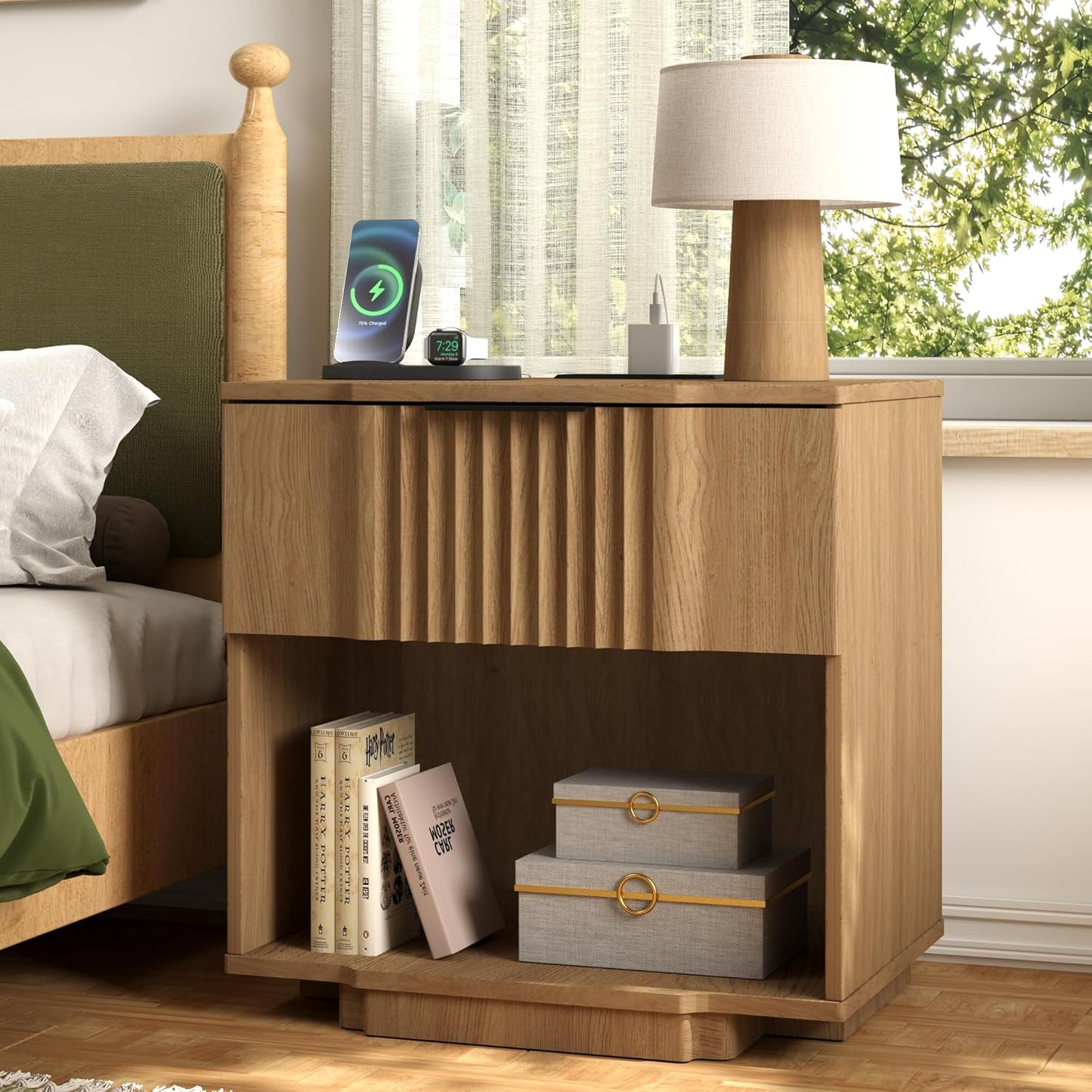 Yechen Fluted Nightstands Set of 2 with 20W Fast Charging Station - Large Wood Night Stands with Drawer & Shelf, Modern Wide Bedside End Tables for Bedroom with Curved Profile Base, Natural Oak