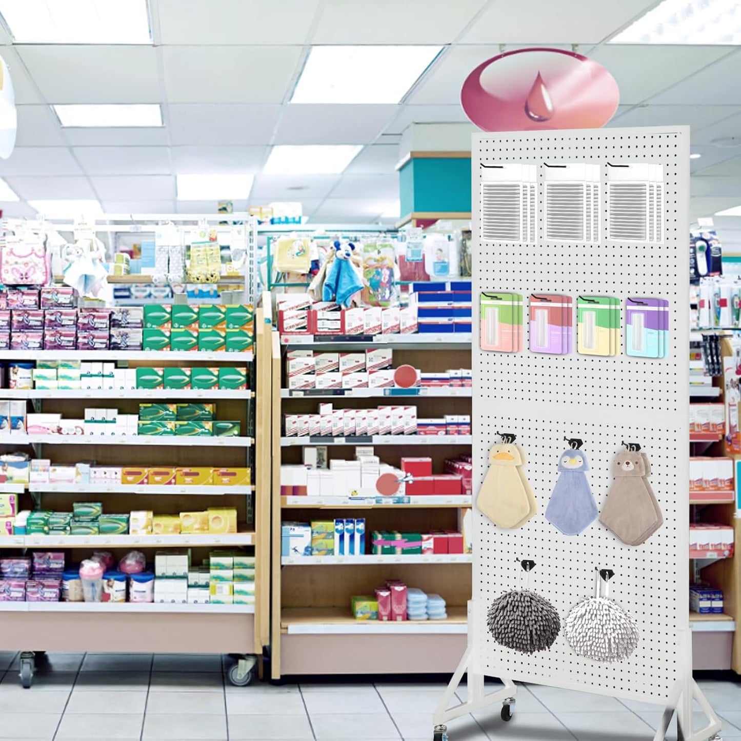 Eastern Tree 2.5'x 6' Metal Pegboard Display Stand with T-Base, Peg Board Panels Display with Casters, Standing Pegboard Display, Retail Display Stand, Extra 10 Pieces Hooks, White