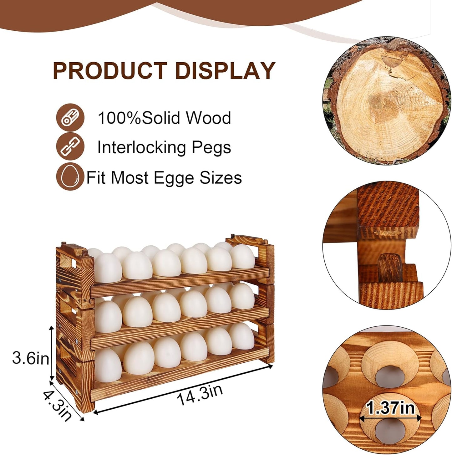CVHOMEDECO. Wooden Egg Holder Fresh Egg Holders Countertop Firewood Egg Collecting Rack for Gathering Fresh eggs, Stackable with 36 eggs, Home Kitchen Organizer, Set of 3 PCS