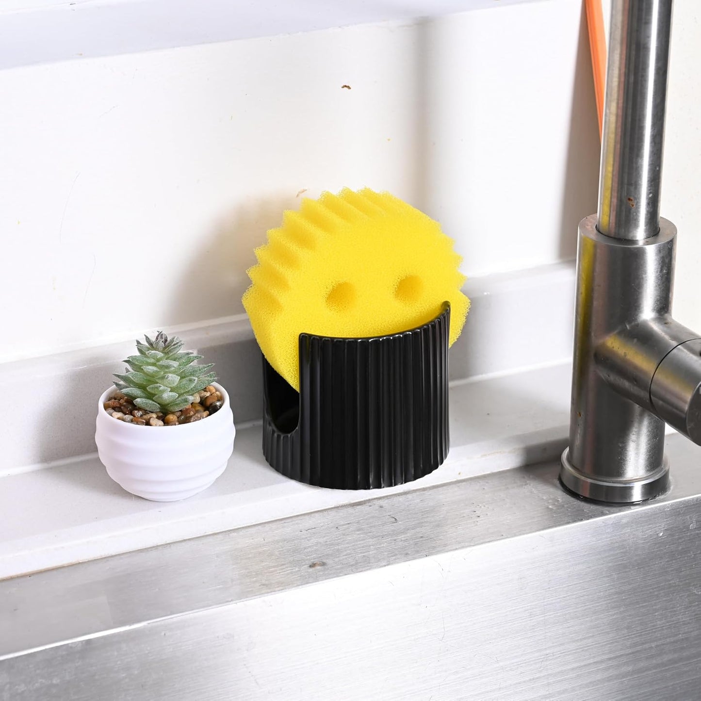Ceramic Sponge Holder for Kitchen Sink - Dishwasher Safe Porcelain Dish Sponge Caddy Minimalist Vertical Stripes, Scrub Daddy Drying Rack for Countertop, Bathroom, Kitchen Sink Organizer, Black
