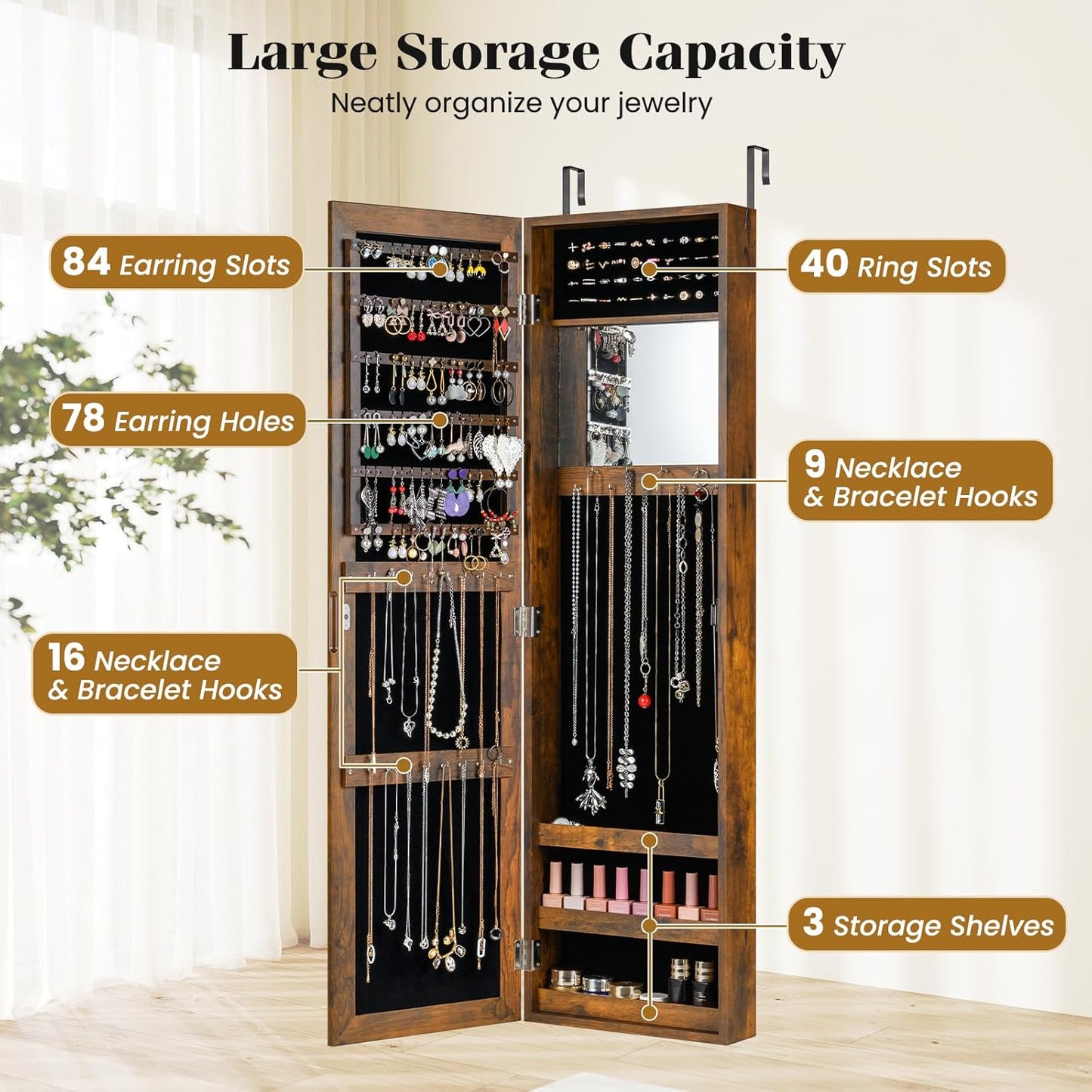 Giantex Wall Mounted Jewelry Cabinet with Full Length Mirror, Over The Door Jewelry Armoire Organizer with Large Storage, Makeup Mirror & Velvet Lining (Rustic Brown)