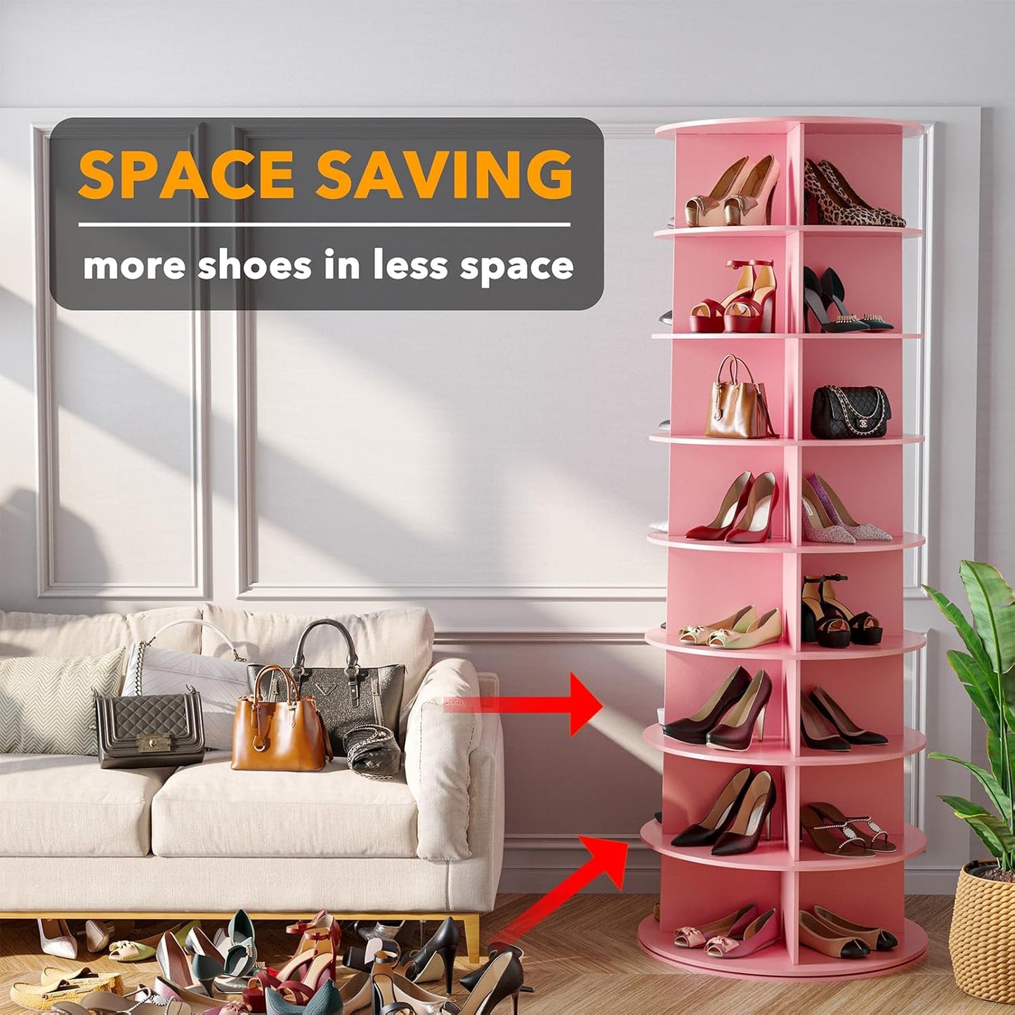 SpaceAid 8 Tier Rotating Shoe Rack Tower, Spinning Shoe Display Lazy Susan, Revolving 360 Shoe Rack Storage Round Carousel, Vertical Handbag Rotate Shoes Closet Organization (8-Tier Pink)