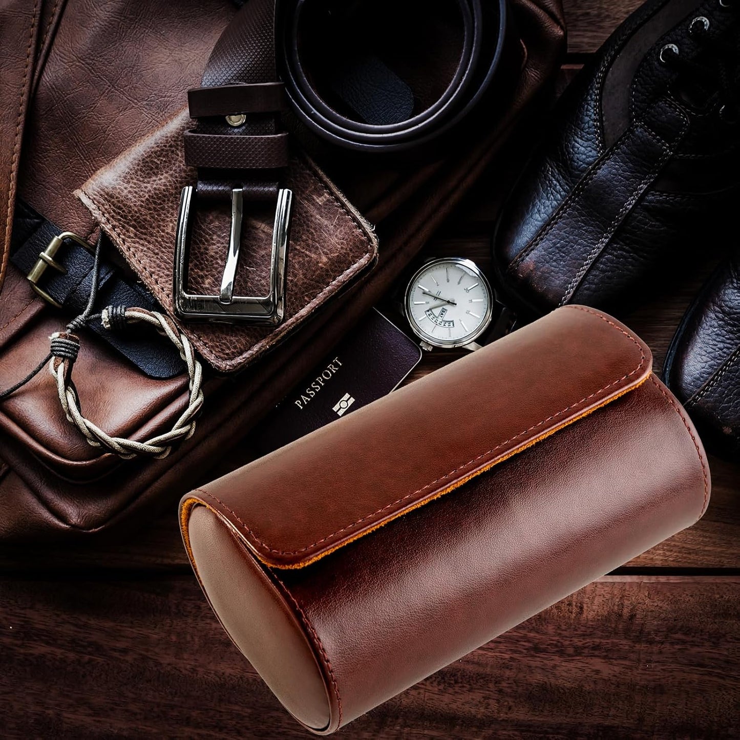 MR.OKAY 2 Watch Travel Case- Classic Leather Watch Case With Perfect Texture.Portable Watch Roll Or Organizer For Storage And Display. Luxury Gifts For Men, All Handmade by Artisans.
