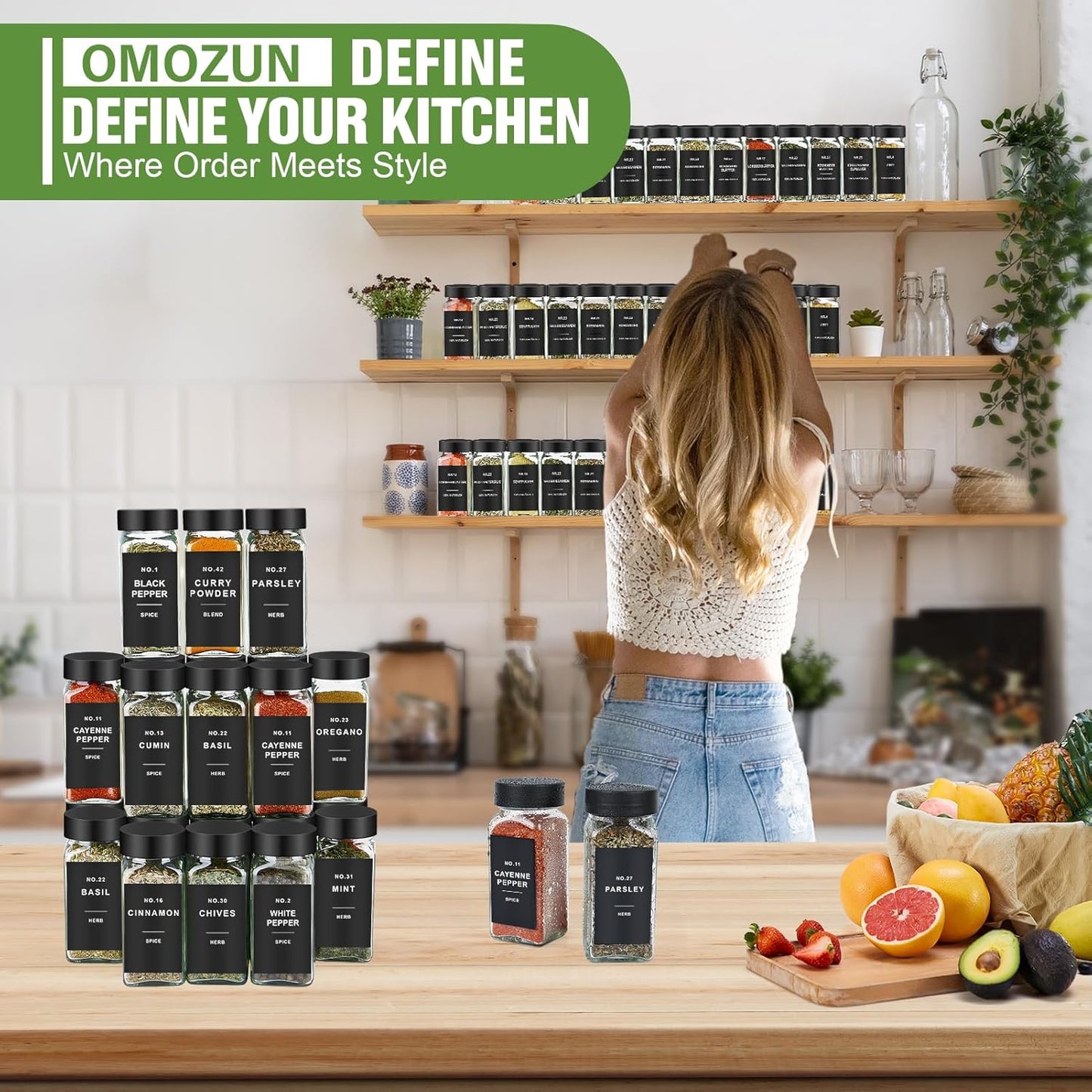 Spice Jars with Label, 36pcs 4oz Glass Spice Jars with Black Lids, Square Spice Containers with 304 Labels and Shaker Inserts, Empty Seasoning Bottles for Drawer, Cabinet, Seasoning Organizer